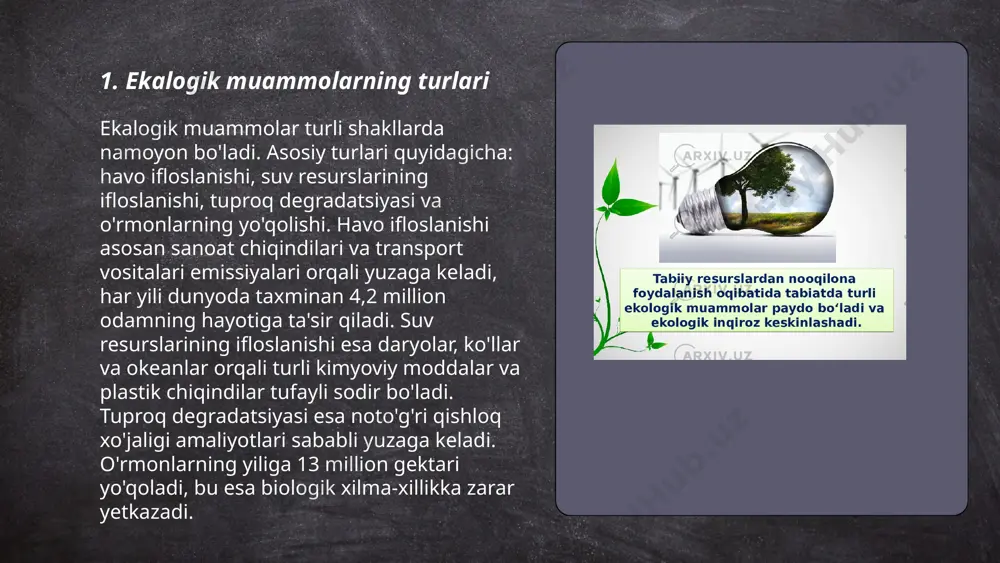 tizimida uzoq muddatli o'zgarishlarni nazarda tutadi. ma'lumotlarga ko'ra, 1880-yildan buyon global harorat 1,2 daraja santigradga oshgan. atmosferadagi karbonat angidrid (co2) darajasi hozirgacha 418 ppmga yetib, 19-asrdan beri 50% ko'paydi. har yili taxminan 36 gigatonna co2 chiqindisi ajratiladi. 2020-yilda dengiz sathlari 6 dan 8 sm gacha o'rtacha oshdi, bu esa sayyoramizda kuchli iqlim o'zgarishi ta'sirlarini keltirib chiqarmoqda. bunday o'zgarishlar qurg'oqchilik, suv toshqinlari va kuchli bo'ronlar sonining ortishiga olib kelmoqda. ... t.me/slaydai_bot 7. yerning degradatsiyasi yerning degradatsiyasi — bu tuproq unumdorligining pasayishi va tabiiy resurslarning yo'qolishi jarayoni bo'lib, asosan inson faoliyati tufayli yuzaga keladi. dunyo bo'ylab har yili taxminan 12 million gektar yer degradatsiyaga uchraydi. o'zbekistonning qariyb 48 foizi cho'llashuv va degradatsiya xavfi ostida. bu jarayon oziq-ovqat xavfsizligiga salbiy ta'sir ko'rsatadi va hududlarda yashovchi 1,5 milliarddan ortiq kishiga ta'sir qiladi. yer degradatsiyasi oqibatida har yili qariyb 1,3 milliard tonna don yo'qolishi mumkin. muammoni hal qilish uchun yaxshiroq tuproq boshqaruvi va barqaror qishloq …