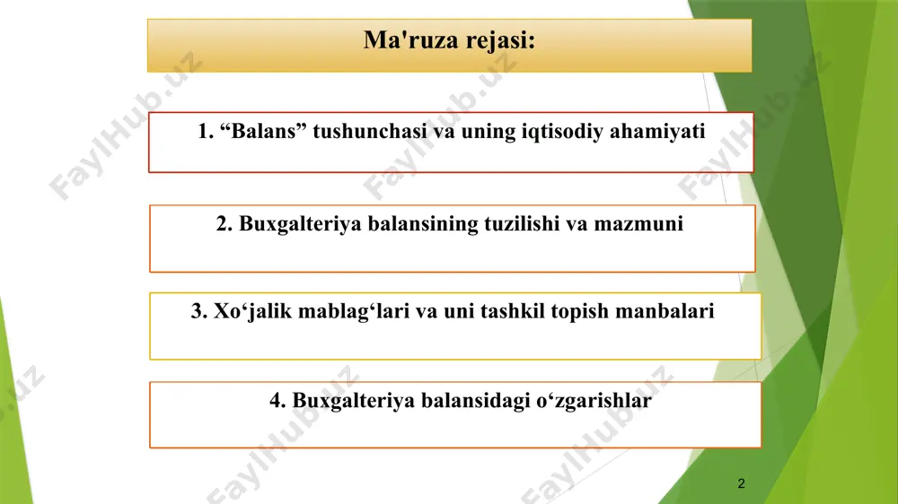 ga solishtirib, ma’lum bir sanaga qiymat ifodasida umumlashtirilgan holda aks ettirish usuli buxgalteriya balansi deyiladi. 7 buxgalteriya balansining tuzilishi va mazmuni balans tuzilishi shakli bo‘yicha – ikki qismdan iborat: aktivlar va passivlar chap tomoni aktivlar deb atalib, ular xo‘jalik mablag‘laridan tashkil topadi. o‘ng tomoni esa passivlar bo‘lib, mablag‘larning tashkil topish manbalari va majburiyatlaridan iborat bo‘ladi aktivlar = xususiy kapital + majburiyatlar buxgalteriya balansi – xo‘jalik mablag‘larini ularning turlari va tashkil topish manbalari bo‘yicha muayyan bir davrga pulda ifodalanib umumlashtirib aks ettirish va iqtisodiy guruhlash usulidir. 8 2. buxgalteriya balansining tuzilishi va mazmuni «aktiv» atamasi lotincha - faoliyatli, amal qilish, mavjud bo‘lish degan so‘zlardan kelib chiqqan. shundan kelib chiqib, aktiv deganda mablag‘lar qanday amal qilayotganligini, ishlayotganligini ko‘rsatuvchi mablag‘lar guruhlanishini tushunish kerak «passiv» atamasi lotincha - faolsiz, xolis, betaraf turmoq, tushuntirish kabi so‘zlarninqarzga olingan mablag‘larga nisbatang ildizidan olingan. tarixan bu atama dastlab faqat, ya'ni uchinchi shaxslar oldidagi majburiyatlarga nisbatan qo‘llanilgan. buxgalteriya balansining …