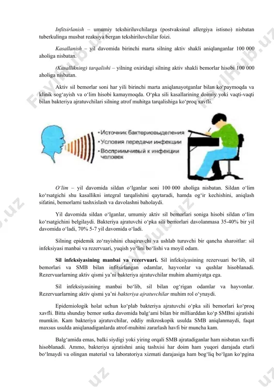 shtirish uash talabalarini o‘qitishda asosiy yo‘nalishni tashkil etadi. 5. fanlararo va fan ichida bog‘liqlik ushbu mavzuni o‘qitish talabalarning o‘pka va boshqa a’zolarning anatomik tuzilishi, nomal va patologik fiziologiyasi, yuqori nafas yo‘llari va boshqa a’zolar funksiyasi xaqida bilimlari; mikrobiologiya – sil mikobakteriyasini aniqlash va xususiyatlarini o‘rganish, shuningdek, terapiya, xirurgiya, ginekologiya, rentgenologiya, yuqumli kasalliklar, endokrinologiya, gematologiya, urologiya, teri-tanosil kasalliklari, oftalmologiya kabi fanlar bilan bir qatorda sil kasalligini boshqa kasalliklar bilan qiyosiy tashxislashga asoslanadi. 6. darsning mazmuni 6.1. nazariy qism. sil epidemiologiyasi o‘rtacha er shari aholisining uchdan biri smbsi bilan infeksiyalangan. dunyo bo‘yicha har yili 7,5-8 mln odam sil bilan kasallanadi. o‘pka sili bemorlarining 15 dan 20 mln.ta gachasi smb ajratadi. har yili o‘rtacha 1,5 mln odam sildan o‘ladi. bundan shu narsa kelib chiqadiki: har 4 tadan bitta odam sil bilan kasallanadi va har 10 tadan bitta odam sildan o‘ladi. yuqumli kasalliklar orasida o‘lim sababi bo‘yicha sil ilgaridan birinchi o‘rinni egallab kelgan. shuning …