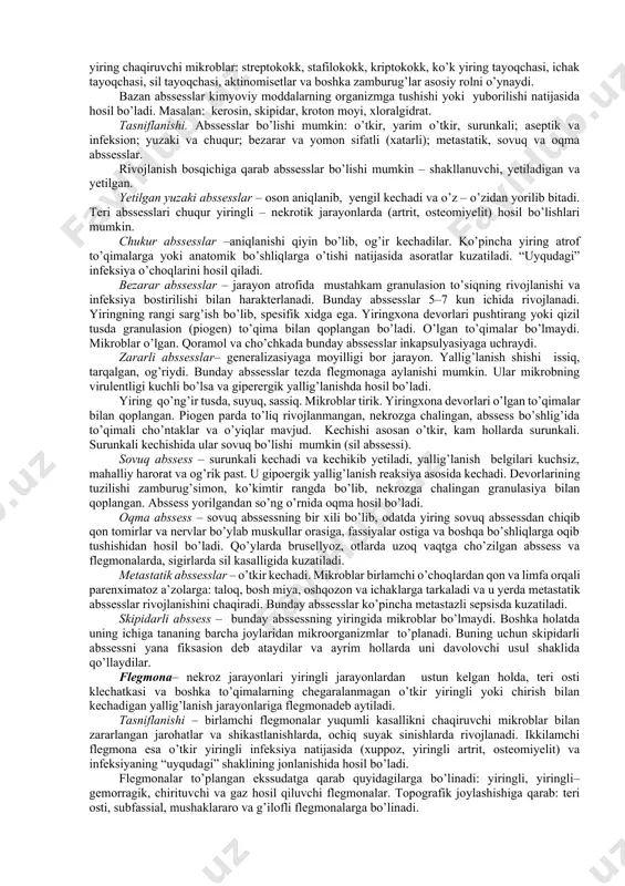 eksiya – infekt tasirida hosil bo’lgan morfologik va funksional buzilishlarga makroorganizmning javobi, yani murakkab potologik jarayon. organizmning bu reaksiyasi infektni to’liq bosish va yo’kotishga, immunitet ishlab chikarishga hamda tashki muhit bilan organizmning buzilgan birligini tiklashga qaratilgan. 3. jarrohlik infeksiyaning tasniflanishi va uni oldini olishning asosiy tamoyillari. qo’zg’atuvchining xususiyatlari va organizm reaksiyasiga ko’ra quyidagi turlari tafovut qilinadi: 1. aerob mikroblar (stafilokokk, streptokokk, diplokokk, ichak tayoqchasi, ko’k yiring tayoqcha va boshk.). chaqiradigan aerob yoki yiringli jarrohlik infeksiya. 2. to’qimalarni parchalab erituvchi anaeroblar, basillalar, (gazli gangrena, xatarli shish), toksik shishni chaqiradigan mikroblar qo’zg’atadigan anaerob jarrohlik infeksiya. 3. anaerob yoki fakultativ anaeroblar (vulgar protey, spora hosil qiluvchi basillalar, ichak tayoqchasi va boshk.) chirituvchi jarrohlik infeksiya. 4. spesifik jarrohlik infeksiya (qoqshol, brusellyoz, sil, aktinomikoz, nekrobakterioz, botriomikoz). jarrohlik infeksiyaning keltirilgan turlaridan tashqari, xirurgik patologiyaga ayrim invazion kasalliklar ham kiradi – senuroz, exinokokkoz, onxoserkoz, telyazioz, filyarioz, va boshq.. jarrohlik infeksiyaning oldini olish tamoyillari quyidagilardan tashkil topgan: 0. …