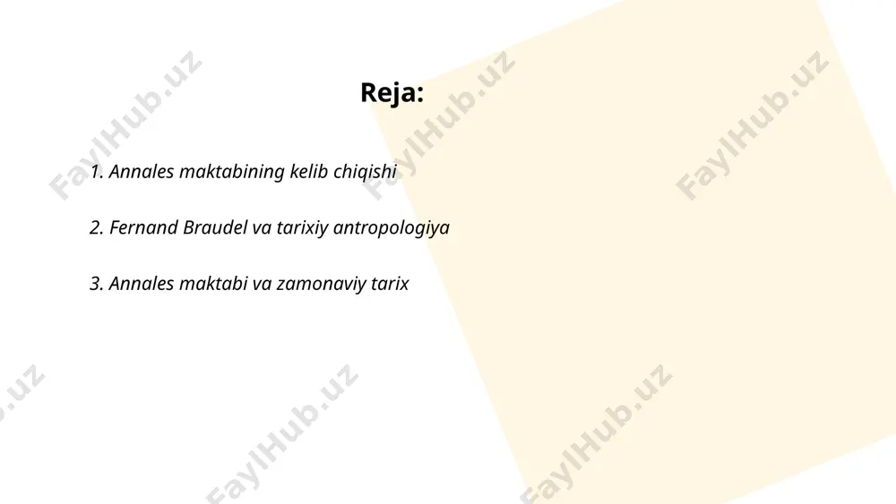 oladi. annales maktabining asoschilari lüsien febvre va mark bloch bo‘lib, ular tarixni “uzluksiz oqim” sifatida o‘rganishni taklif qilishgan. annales maktabining ta'siri 20-asr davomida keng tarqaldi, jumladan iqtisodiy tarix, demografiya va madaniy tarix sohalarida. zamonaviy tarix ushbu prinsiplarni qo‘llanib, kengroq miqyosdagi global va mahalliy o‘zgarishlarni o‘rganishga yo‘naltirilgan. ... t.me/slaydai_bot 4. strukturalizm va tarixiy tahlil strukturalizm 20-asrda paydo bo'lgan nazariya bo'lib, madaniy va ijtimoiy hodisalarni ularning tuzilishi orqali tushuntirishga intiladi. strukturalizmda tilshunos ferdinand de sossyur (1857-1913) muhim rol o'ynaydi. tarixiy tahlil esa voqealarni ularning rivojlanish jarayonida o'rganadi. strukturalizm va tarixiy tahlil o'rtasida farq shundaki, strukturalizm hozirgi tuzilmalarni tahlil qiladi, tarixiy tahlil esa vaqt davomida qanday o'zgarishlar sodir bo'lganini tushuntirishga yordam beradi. 1960-yillarda roland bart, mishel fuko kabi olimlar strukturalizmdan foydalangan. ushbu yondashuv tarix, lingvistika, psixologiya sohalarida qo'llaniladi. strukturalizm va tarixiy tahlil bir-birini to'ldirishi mumkin, chunki biri tuzilmani, ikkinchisi evolyutsiyani tahlil qiladi. ... t.me/slaydai_bot annales maktabi ijtimoiy tarixni tushunishda yangi yondashuvni taklif qilgan. …