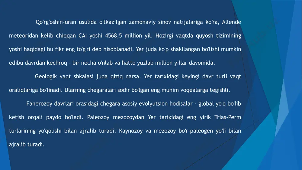 lari yo'q. okeanlar va dengizlarda akula va boshqa xaftaga tushadigan baliqlar hukmronlik qiladi. perm yoki perm davri: 299-251 million yil oldin. er yuzida birinchi arxozavrlar - dinozavrlarning ajdodlari va turli tishli kinodontlar - sutemizuvchilarning bevosita ajdodlari tug'ilgan. dimetrodon kabi yirik yirtqich k altakesaklar paydo bo'ldi, ular "yelkan" yordamida quyosh issiqligini to'plashdi. mezozoy erasi hatto bolalar ham geologik vaqt shkalasi nima ekanligini bilishadi. 7-sinf, maktab o'quv dasturiga muvofiq, bu masalani o'rganadi. talabalar mezozoy 251-65,5 million yil avval mavjud bo'lgan dinozavrlar davri ekanligini bilishadi. bu bosqich quyidagi sikllar uchun maʼlum: trias davri: 251-200 million yil oldin. umurtqali hayvonlarning xilma-xilligi yerda umumiy yo'q bo'lib ketganidan beri sezilarli darajada kamaydi. timsohlar, qurbaqalar, megasastrodonlar (haqiqiy sutemizuvchilar), toshbaqalar va pterozavrlar - ucha oladigan birinchi umurtqali hayvonlar paydo bo'ladi. yura davri: 200-146 million yil oldin. suvda dengiz k altakesaklari, quruqlikda dinozavrlar, havoda esa pterozavrlar hukmronlik qiladi. yura davri sutemizuvchilari juda kichik boʻlib, hasharotxoʻrlar va kemiruvchilarga oʻxshaydi – …