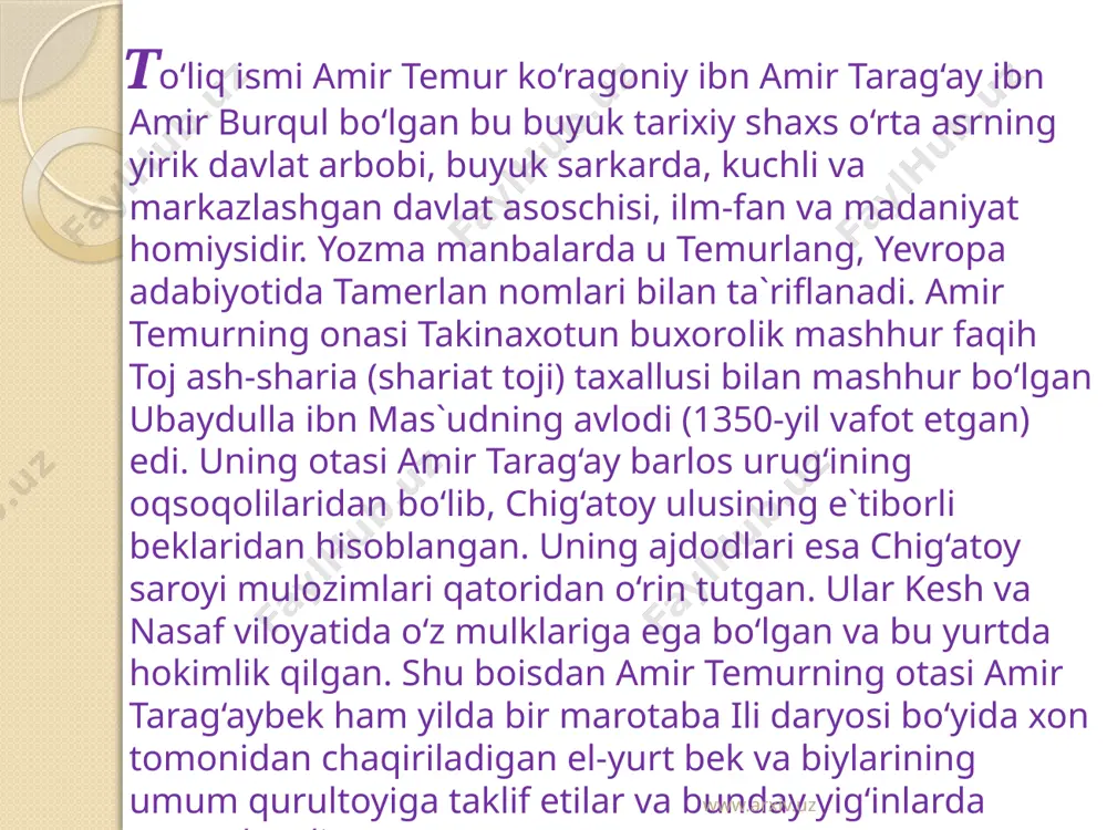 va idrokli, samimiyatni tezda fahmlab oladigan inson bo‘lgan. shu tufayli o‘spirinlik chog‘laridayoq tengqurlaridan sadoqatli do‘stlarni atrofga jalb qila olgan. o‘zining ilk harbiy faoliyatini amir temur qo‘l ostidagi navkarlari bilan ayrim viloyat amirlariga xizmat qilishdan boshlagan. ularning o‘zaro kurashlarida mahorat va oliyhimmatlik amir temurning shuhratini oshirib, uning dong‘i butun qashqadaryo vodiysi, xususan kesh viloyatiga yoyilgan. www.arxiv.uz amir temur aql-zakovati, shijoati va jasorati to‘g‘risidagi shuhrat uni movarounnahrning nufuzli amirlaridan avval joku barlos, so‘ngra amir qazog‘on (1346-1358) bilan yaqinlashtirgan. otasi amir temurni avval (1352) amir joku barlosning qizi turmish og‘oga uylantiradi. 1362-yilda amir temur qazog‘onning nabirasi, amir husaynning singlisi uljoy turkon og‘oni o‘z nikohiga oladi. keyingi nikoh tufayli balx amiri bilan bog‘langan qarindoshlik aloqalari shubhasiz amir temur bilan amir husayn o‘rtasidagi ittifoqni yuzaga keltirdi va mo‘g‘ullarga qarshi jiddiy kurash boshlandi. www.arxiv.uz biroq movarounnahr aholisi mog‘ullarga qarshi kurashga jur`at eta olmaydilar. kesh viloyatining hukmdori hoji barlos xurosonga qochadi. mana shunday og‘ir pallada amir temur …