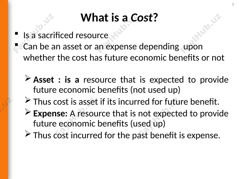 based on the following: relationship of the cost to the product. the department where the cost is incurred. relationship of the cost to the production process. the period to which the cost is charged to income. relationship of the cost to volume of production. the ability to be traced relationship of cost to planning, controlling, and decision making. 6 1. based on relationship of the cost to the product based on the relation ship of costs to the product, costs can be classified as: direct material costs , direct labor costs , and overhead costs. 7 direct materials cost: direct materials : are material that become an integral part of finished products. they are physically traced to the product example: the direct materials for a baker include flour, eggs, yeast, sugar, oil, and water direct material for furniture is timber , steel direct material costs are all the costs of …