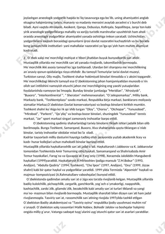 a keng ko`lamli qurilish va obodonchilik ishlari olib borilmoqda. ko`plab turarjoylar, ishlab chiqarish korxonalari, kommunikatsiya inshootlari (yo`llar, elektr tarmoqlari, aloqa liniyalari va h.k.) bunyod etilmoqda. bu borada yodgorliklarni muhofaza qilish maqsadida o`zbekiston respublikasi madaniyat va sport ishlari vazirligi tomonidan moddiy madaniy meros ob‟ektlari muhofaza tegralari loyihalarining shaharsozlik va loyihalash hujjatlariga, shuningdek mo`ljallanayotgan yer qazish, yer tuzish, qurilish, melioratsiya, xo`jalik ishlari va boshqa ishlarning moddiy madaniy meros obyektlarini asrash talablariga muvofiqligini aniqlash maqsadida madaniy meros obyektlarining tarixiy-madaniy ekspertizasi tashkil etiladi va amalga oshiriladi. shu bilan birga samarqand, buxoro, toshkent, shahrisabz, xiva kabi qadimiy shaharlarda olib borilayotgan qurilish ishlarida qonunchilikda belgilangan tartibda arxeologik kuzatuv ishlarini olib borish, moddiy madaniy meros obyektlar atrofida bosh rejaga asosan loyihalash, qayta qurish, qurilish va obodonlashtirish ishlarini rejalashtirishni madaniy meros obyektlarini muhofaza qilish va ulardan foydalanish davlat inspeksiyasi bilan kelishilgan holda amalga oshirish ham muhim katta ahamiyat kasb etadi. keyingi yillarda arxeologik yodgorliklarni ro`yxatga olish bo`yicha olib …