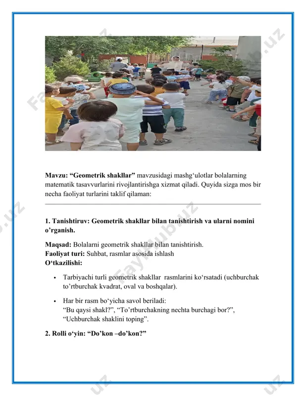 ulot davomida bolalar yer haqida yangi tushunchalarni o‘zlashtirdilar, tabiat manzillarini rasmlarda tanidilar. “toza – iflos” o‘yini orqali ekologik bilimlarini amaliyotda mustahkamlashdi. yutuqlar: bolalarning faol ishtiroki ko‘zga tashlandi o‘z fikrini erkin ifoda etish hollari ko‘paydi tabiatga bo‘lgan e’tibor va mehr hissi mustahkamlandi kamchiliklar: 2 nafar bola (imona va azizbek) mashg‘ulot davomida chalg‘idi mashg‘ulot vaqtida texnik nosozlik sababli slaydlarni ko‘rsatish kechikdi xulosa: mashg‘ulot umumiy maqsadga erishgan bo‘lib, bolalarda ekologik madaniyatning ilk asoslarini shakllantirishga zamin yaratdi. kelgusida texnik vositalarni oldindan sinab ko‘rish va individual yondashuvga ko‘proq e’tibor qaratish rejalashtirildi. image3.png image4.png image5.png image6.png image7.png image1.png image2.png