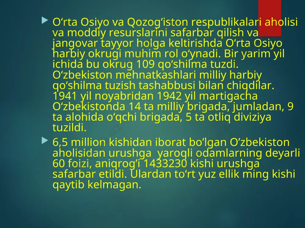 natijasida neft ishlab chiqarish 4 marta ko’paydi. o’zbekiston sanoati urush yillarida frontga 2090 samolyot, 17342 aviamotor, 2318000 aviabomba, millionlab minalar, snaryadlar va boshqa qurol-aslahalar yetkazib berdi. yengil sanoat korxonalari va kooperatsiya artellari umumiy qiymati 443,3 mln so’mlik mahsulotlarni front ehtiyojlari uchun ishlab chiqardi. toshkent sh. chilonzor maxallasi fuqorolari frontdagi askarlar uchun issiq kiyimlar yig`ayotgan jarayoni o’zbekiston aholisi o’rtasida mudofaa fondini tashkil etish, front uchun issiq kiyimlarni yig’ish harakati boshlanib ketdi.mudofaa fondiga 650 million so’m pul, 22 million so’mlik qimmatbaho buyumlar va 55 kilogrammga yaqin oltin, kumush va boshqa qimmatbaho metallar to’plandi. aholiga davlat zayomi, pul – buyum lotareyasini sotish hisobiga 4,2 milliard so’m mablag’’ yig’ilib g’alaba manfaatlari yo’lida foydalanildi. urush yillarida o’zbekiston qishloq mehnatkashlari 4 mln. 148 ming t. paxta, 82 mln. pud g’alla, 54,1 ming t. pilla, 22,3 ming t jun, 36 ming t qoqi,195 ming t. sholi, 57,5 ming t meva, 159 ming 300 t. go’sht va oshqa …