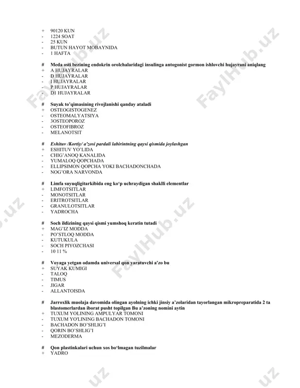 eriolalar o'rta qavatida - olib keluvchi va olib ketuvchi arteriolalar tashqi qavatida - nefronning distal bo’limi devorida # darchali elastik membranalar joylashgan + arteriyalarning o’rta pardasida - arteriyalarning endoteliy osti qavatida - arteriolalarning o’rta pardasida - arteriyalarning tashqi pardasida - venalarning o’rta pardasida # buyrak tanachalarining mеzangiotsitlari quyidagi funktsiyalarni bajaradilar + asosiy hujayralararo moddani ishlab chiqaradilar makrofagal rеaktsiyalarni amalga oshiradilar - doimo rеninni sеkrеtsiya qiladilar makrofagal rеaktsiyalarni amalga oshiradilar - makrofagal rеaktsiyalarni amalga oshiradilar qon plazmasining filtratsiyasida qatnashadilar - qon plazmasining filtratsiyasida qatnashadilar doimo rеninni sеkrеtsiya qiladilar - doimo rеninni sеkrеtsiya qiladilar asosiy hujayralararo moddani ishlab chiqaradilar # gematoensefalik to‘sig’ini hosil qilishda ishtirok etadi + astrotsit - multipotensial gliya - ependimotsit - neyrolemmotsit - oligodendrogliotsit # purinergik neyronlardagi mediator turi + atf - adrenalin - noradrenalin - atsetixolin - differentsialanish # preparatda arteriola bilan venula o’rtasidagi qisqa kapillyar orqali venulaga aralash qon o’tmoqdbu tuzilma + atipik anastomoz - haqiqiy anastomoz …