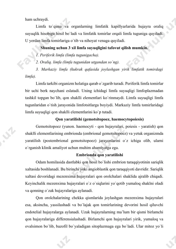 ha, yassilashadi va bo`lajak qon tomirlarining devorini hosil qiluvchi endotelial hujayralarga aylanadi. uzak hujayralarning ma’lum bir qismi birlamchi qon hujayralariga differensialashadi. birlamchi qon hujayralari yirik, yumaloq va ovalsimon bo`lib, bazofil bo`yaladigan sitoplazmaga ega bo`ladi. ular mitoz yo`li bilan bo`linib ko`payadi. birlamchi qon hujayralarining keyingi takomili yoki differensialanishi hujayralar sitoplazmasida gemoglobin to`planishi va yadroning kichrayib zichlanishi (piknoz) bilan xarakterlanadi. so`ngra yadro hujayradan siqib chiqariladi va nihoyatda birlamchi qon hujayralari megaloblast bosqichidan to`g`ridan-to`g`ri megalotsitlarga yoki birlamchi yirik eritrotsitlarga aylanadi. sxematik tarzida bu protsessni quyidagicha ifodalash mumkin: birlamchi qon hujayrasi - megaloblast - megalotsit. shuni ta’kidlash kerakki, megaloblastik eritropoez normal sharoitda faqat embrional davridagina uchraydi, voyaga yetgan organizmda esa faqat patologik holatlarda (kamqonlik, vitamin b]2 yetishmovchiligida) uchraydi. uz yashash muddatini o`tagan megalotsitlar yemiriladi va tomirlarning endoteliy hujayralari tomonidan fagotsitoz qilinadi. qolgan birlamchi qon hujayralaridan, masalan, sariqlik xaltasi tomirlarida ikkilamchi eritrotsitlar rivojlana boshlaydi. ularning taraqqiyoti megalotsitlar takomillashishidan farq qilib, sekinroq amalga oshadi va normotsit …