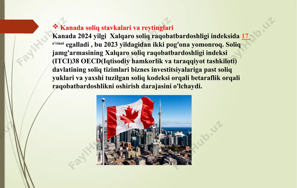 q solinadigan daromad chegarasi soliq stavkasi 2025 yil uchun federal daromad solig'i stavkalari. soliqqa tortiladigan daromadning 57 375 aqsh dollari yoki undan kam bo'lgan qismi bo'yicha soliqqa tortiladigan daromadning 57 375 aqsh dollaridan 114 750 dollargacha bo'lgan qismi bo'yicha soliqqa tortiladigan daromadning 114 750 aqsh dollaridan 177 882 dollargacha bo'lgan qismi bo'yicha soliqqa tortiladigan daromadning 253 414 aqsh dollaridan ortiq qismi bo'yicha soliqqa tortiladigan daromadning 177 882 aqsh dollaridan 253 414 dollargacha bo'lgan qismi bo'yicha kanada o’zbekiston kanada daromad solig’ini o’zbekiston respublikasi daromad solig’i bilan solishtirish 1. kanada bo’ylab daromad solig’i progressiv stavkada belgilanadi. 2. federal,har bir viloyat va hudud o’z soliq stavkalarini o’zi belgilaydi. 1. daromad solig’i barcha daromad oluvchilar uchun o’zgarmas stavkada belgilanadi (12%,5%) 2. soliq stavkasi hukumat tomonidan butun respublika hududida bir xil belgilanadi. 2025 yil uchun viloyat va hududiy daromad solig'i stavkalari ijtimoiy sug'urta badallari kanadada majburiy badallarni talab qiluvchi ikkita asosiy ijtimoiy ta'minot dasturi kanada …