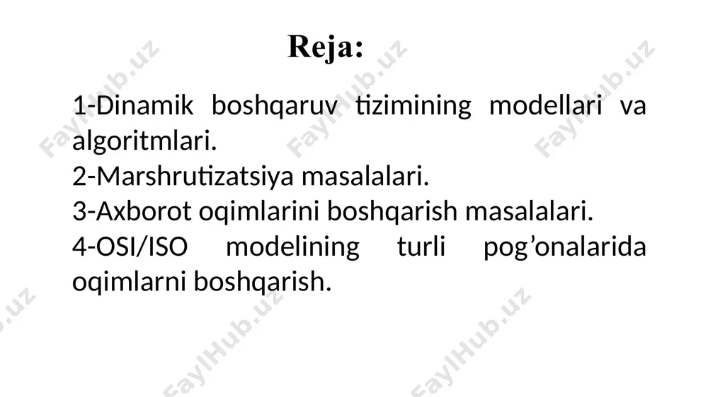 n birgalik jarayonida, boshqaruv resurslarining talab qilingan o’zgarishi amalga oshiriladi.boshqarilayotgan obyektlar osi modelining bir nechta bosqichlarida bo’lish mumkin. amaliy pog’ona ma’lumotni taqdim etish pog’onasi seans pog’onasi tarmoq pog’onasi transport pog’onasi ma’lumotlar zvenosi pog’onasi fizik pog’ona amaliy pog’ona ma’lumotni taqdim etish pog’ona seans pog’onasi tarmoq pog’onasi transport pog’onasi ma’lumotlar zvenosi pog’onasi fizik pog’ona 7 6 5 4 3 2 1 7 6 5 4 3 2 1 ab protokollari ma’lumot almashinuvining oddiy protokollari tizim boshqaruvida ma’lumot almashinuvi osi modelida ochiq tizimlar orasidagi boshqaruv ma’lumotlari almashinuvida, o’zaro kelishilgan holda ma’lumotlar taqdim etilishi, boshqaruv uchun sessiya o’rnatilishi “boshidan-oxiriga” boshqaruv ma’lumotlarini jo’natish uchun transportxizmatlarining mavjudligi va boshqalar talab qilinadi. ko’rsatilgan harakatlar, ochiq tizimlar biriktirilgan (prikladnoy)bosqichlari orasida mavjud bo’lgan ma’lumot almashinuvi qoidalariga mos kelishi kerak.shu yo’l bilan, tizimlar boshqaruvida ma’lumotlar jo’natish, biriktirilgan bosqich bayonlaridan foydalangan holda amalga oshiriladi (7.1-rasm). n bosqichli boshqaruv, ana shu bosqich operatsiyalariga aloqador ma’lumotni jo’natish zarurligida qo’llaniladi. bosqich boshqaruvi misolida transport …
