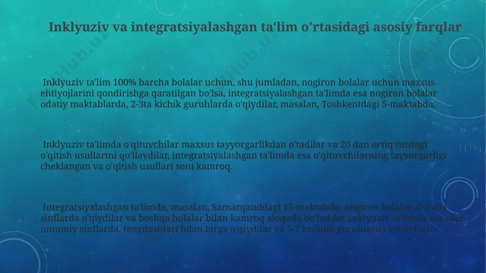 tablar uchun katta qiyinchilik tugʻdirishi mumkin. integratsiyalashgan ta'limda, ayniqsa, qishloq hududlarida, masalan, namanganda, malakali mutaxassislarning yetishmasligi tufayli, oʻquv jarayonining sifatiga ta'sir etishi mumkin, bu esa 20% gacha oʻquvchilarning orqada qolishiga olib kelishi mumkin. qaysi modelni tanlash kerak? davlat tomonidan qo'llab-quvvatlanadigan 10 ta inklyuziv maktabning tajribasi shuni ko'rsatadiki, resurslarning yetarliligi va o'qituvchilarning malakasi inklyuziv yoki integratsiyalashgan modelni tanlashda hal qiluvchi omil hisoblanadi. 1-5 yoshli bolalar uchun inklyuziv ta'lim modeli samarqanddagi 3-sonli maktabgacha ta'lim muassasalarida muvaffaqiyatli qo'llanilmoqda, ammo integratsiyalashgan yondashuv 6-10 yoshli bolalar uchun ko'proq mos keladi. o'quvchilar soni 20 dan kam bo'lgan qishloq maktablari uchun integratsiyalashgan ta'lim samaraliroq, chunki inklyuziv yondashuv ko'proq resurslar va mutaxassislarni talab qiladi. inklyuziv ta'limning mohiyati inklyuziv ta'limda, masalan, toshkentdagi maktablarda 3-sinf o'quvchilarining 15 foizini tashkil etuvchi o'quv qiyinchiliklariga ega bolalarga individual yordam va qo'shimcha resurslar taqdim etiladi. 2023-yilgi statistikaga ko'ra, inklyuziv ta'lim samarqand viloyatida 50 ga yaqin maktabda qo'llanilmoqda va bu o'quvchilarning akademik ko'rsatkichlarini va ijtimoiy …