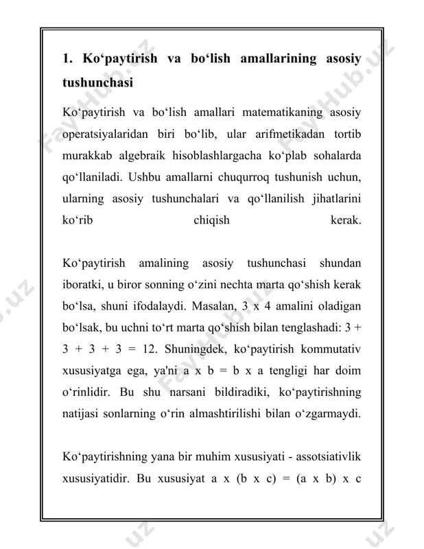 o bo‘lgan va rivojlantirilgan. ularning rivojlanishini tushunish uchun biz qadimgi jamiyatlardan boshlashimiz kerak. ko‘paytirish amalining dastlabki ko‘rinishlari qadimgi misr va mesopotamiya tsivilizatsiyalarida kuzatilgan. misr yozuvlarida, ayniqsa, qadimgi papiruslar va tosh plitalar saqlanib qolgan bo‘lib, unda oddiy arifmetik hisoblashlar, jumladan ko‘paytirish va bo‘lish amallari bayon etilgan. misrliklar ko‘paytirishni ikki martaga ko‘paytirish usuli bilan bajarganlar. bu usul bugungi kunda distributivlik xususiyati deb nomlanadi. bobil matematikasi, ya’ni mesopotamiya matematikasi, ko‘plab grif yozuvlarda saqlanib, ko‘paytirish va bo‘lish amallari uchun 60lik (sekstagesimal) tizimdan foydalangan. bobilliklar ming yillar davomida ko‘paytirish jadvallarini tuzish orqali hisoblash ishlarini yengillashtirganlar. miloddan avvalgi 2100-yillarga tegishli bo‘lgan mushak tabletkalari bu jarayonni ko‘rsatadi. gretsiya matematika maktablari, xususan pifagor va evklid matematika sohasida katta hissa qo‘shgan. grek matematiklari ko‘paytirish va bo‘lish amallarini geometrik usullar bilan tushuntirganlar. evklid "elementlar" asarida bo‘lish amallarining asoslarini geometriya yordamida bayon etib bergan. hindistonlik matematiklar, masalan, brahmagupta va aryabhata, ko‘paytirish va bo‘lish amallarini rivojlantirishda muhim rol o‘ynagan. ularning amallarga oid …