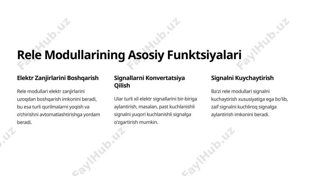 shqarish tizimida qo'llash bo'yicha xulosalar 1 avtomatlashtirish rele modullari elektr zanjirlarini avtomatlashtirish va boshqarishda muhim rol o'ynaydi. 2 moslashuvchanlik ular turli xil dasturiy boshqarish tizimlariga moslashuvchan bo'lib, keng qamrovli dasturlarni ta'minlaydi. 3 ishonchlilik to'g'ri tanlangan va ishlatilgan rele modullari yuqori ishonchlilik bilan xizmat qiladi. 11 foydalanilgan adabiyotlar 1.aripov x.k. va boshq. “elektronika” o.f.m.j.n. t. 2012 y.400 b. 2. fraiden_dzh. handbook of “modern sensors”, sovremennie datchiki. 2004, new-york,470 p. 3. gusev v.g., gusev yu.m. elektronika – moskva.: visshaya shkola, 2006g. 342 s. 4.n.r.yusupbekov va boshq. texnologik jarayonlarni nazorat qilish va avtomatlashtirish. t.2011,576 c. 5.boxan n.i. i dr. sredstva avtomatiki i telemexeniki. – m.: agropromizdat, 1992, 6. v. ya. bochkarev. novie texnologii i sredstva izmereniy, metodi organizatsii vodoucheta na orositelnix sistemax. novocherkassk, 2012,227 s 7. v.a.vtyurin.avtomatizirovannie sistemi upravleniya texnologiches-kimi protsessami .osnovi asutp. sankt-peterburg 2006, 154 s. 8. rachkov m.yu. texnicheskie sredstva avtomatizatsii.- moskva: mgiu, 2006.- 347 s. 9. vohidov a.x. abdullaeva d.a. …