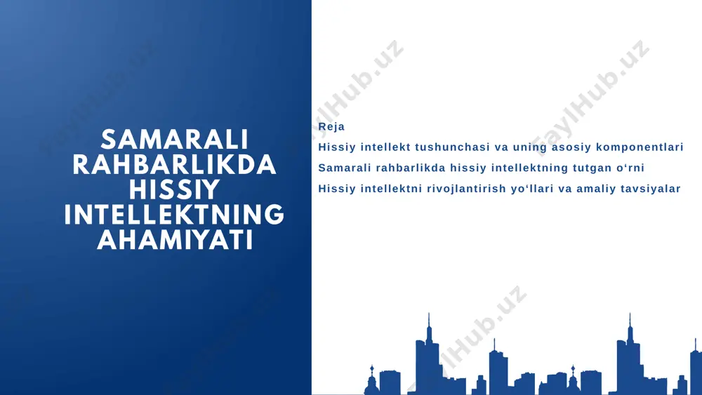 lish. ichki motivatsiya (motivation): – ichki rag‘bat asosida harakat qilish, natijaga intilish. empatiya (empathy): – boshqalar holatini tushunish, ularning emotsional kayfiyatiga moslashish. ijtimoiy ko‘nikmalar (social skills): – samarali muloqot, jamoaviy ishlash, yetakchilik, konfliktlarni hal qilish. jamoa boshqaruvida muvozanatni saqlash rahbar o‘z hissiyotlarini nazorat qila olsa, jamoa ichidagi nizolarni yumshoq hal qila oladi, a’zolar bilan ishonchli aloqani saqlaydi. bu esa umumiy ish unumdorligini oshiradi. motivatsiya va ilhomlantirish vositasi empatik rahbarlar xodimlarning ehtiyojlarini sezadi, ularning holatiga mos rag‘batlantirish usullarini tanlaydi. bu jamoaning motivatsiyasini oshiradi. ish muhiti va psixologik salomatlik hissiy jihatdan barqaror rahbar tashkilotda sog‘lom muhit yaratadi. xodimlar o‘zlarini qadrlangan, tushunilgan va ishonchli his qiladilar. yetakchilik va innovatsiyalarni rivojlantirish yuqori hissiy intellektga ega rahbar yangi g‘oyalarni ilgari suradi, boshqalarning fikrlarini qadrlaydi va ijodiy muhitni shakllantiradi. o‘z-o‘zini kuzatish va tahlil qilish – kundalik his-tuyg‘ularni yozib borish. – o‘z reaksiyalarini tahlil qilish: nima sabab bo‘ldi, qanday yo‘l tutdim? stressni boshqarish – nafas olish mashqlari, …