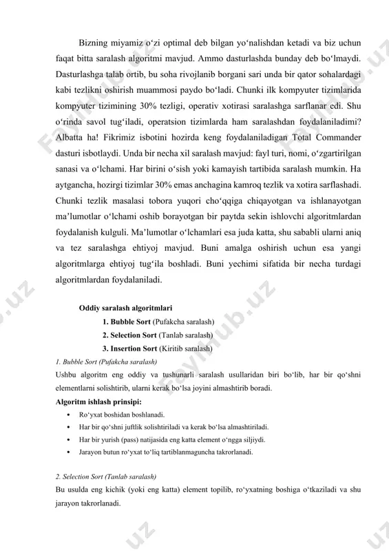 timal deb bilgan yoʻnalishdan ketadi va biz uchun faqat bitta saralash algoritmi mavjud. ammo dasturlashda bunday deb boʻlmaydi. dasturlashga talab ortib, bu soha rivojlanib borgani sari unda bir qator sohalardagi kabi tezlikni oshirish muammosi paydo boʻladi. chunki ilk kompyuter tizimlarida kompyuter tizimining 30% tezligi, operativ xotirasi saralashga sarflanar edi. shu oʻrinda savol tugʻiladi, operatsion tizimlarda ham saralashdan foydalaniladimi? albatta ha! fikrimiz isbotini hozirda keng foydalaniladigan total commander dasturi isbotlaydi. unda bir necha xil saralash mavjud: fayl turi, nomi, oʻzgartirilgan sanasi va oʻlchami. har birini oʻsish yoki kamayish tartibida saralash mumkin. ha aytgancha, hozirgi tizimlar 30% emas anchagina kamroq tezlik va xotira sarflashadi. chunki tezlik masalasi tobora yuqori choʻqqiga chiqayotgan va ishlanayotgan maʼlumotlar oʻlchami oshib borayotgan bir paytda sekin ishlovchi algoritmlardan foydalanish kulguli. maʼlumotlar oʻlchamlari esa juda katta, shu sababli ularni aniq va tez saralashga ehtiyoj mavjud. buni amalga oshirish uchun esa yangi algoritmlarga ehtiyoj tugʻila boshladi. buni yechimi sifatida bir …