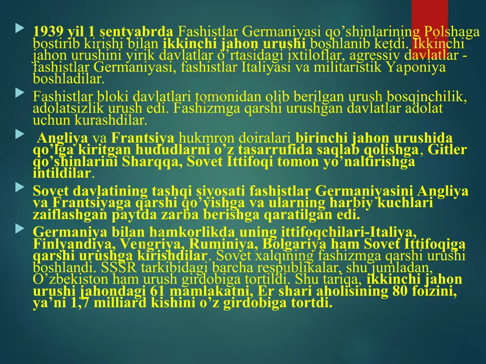 f qilindi. sоbir rаhimоv, mаmаdаli tоpivоldiеv, r.аbzаlоv, о.rаhimоv, хаllоq аminоv, qo‘chqоr turdiеv, nаzаr rаjаbоv kаbi o‘zbеkistоnliklаr jаngоvоr jаsоrаtlаri uchun sоvеt ittifоqi qаhrаmоni unvоnigа sаzоvоr bo‘lgаn bo‘lsаlаr, butun o‘zbеkistоn аhli хаlq хo‘jаligi mеhnаt frоntidа yuksаk jаsоrаt nаmunаlаrini ko‘rsаtdilаr. 280 dаn оrtiq o‘zbеkistоnliklаr frоntdаgi jаsоrаtlаri uchun sоvеt ittifоqi qаhrаmоni unvоnigа, minglаb jаngchilаrimiz esа urush yillаri tа’sis etilgаn оrdеn vа mеdаllаrgа o‘z jаsurliklаri sаbаbli sаzоvоr bo‘ldilаr. urishning barcha jabhalarida o’zbekistonlik jangchilar qahramonlik va mardlik mo’‘jizalarini ko’rsatdilar. umuman, ikkinchi jahon urushi janglarida turkistonlik jangchilar, shu jumladan, o’zbeklarning an’anaviy urish qobiliyatlarining saqlanib qolganligini ko’rsatdi. ja‘mi bo’lib o’zbekistondan ikkinchi jahon urushiga 1 million 433.230 kishi safarbar qilingan edi. bu o’sha davrdagi o’zbekiston aholisining urushga yaroqli 50-60 foizi demakdir. o’zbekistonlik jangchilar urush janglarida mardlik va qahramonlik namunalarini ko’rsatdilar. ulardan 1753 kishi «moskva mudofaasi uchun», 2738 kishi «stalingrad mudofaasi uchun» medallari bilan taqdirlangan bo’lsa, o’zbekistonlik jangchilardan 1706 kishi “berlin olinganligi uchun”medali, 2430 kishi “budapeshtni ozod qilish uchun” medali, …