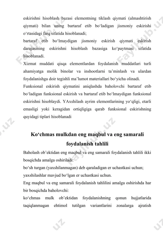 mida olinadigan potensial yalpi daromad (pyad) ijaraga berish uchun mo‘ljallangan maydonni ijara stavkasiga ko‘paytirish yo‘li bilan baholanadi; qiyosiy yondashuv baholash ob’ekti qiymatini aniqlashda qiyosiy yondashuvdan foydalanish uchun baholovchi kamida uchta analogni tanlab olishi lozim. taqqoslash analoglarini tanlash uchun asosiy mezon baholash ob’ektiga o‘xshash bo‘lgan eng samarali foydalanishdir.baholash ob’ekti qiymatini sotuvlarni taqqoslash usuli bilan baholashda taqqoslash birligini tanlash, qoida tariqasida, ko‘chmas mulk tipi bilan belgilanadi. taqqoslash birligi sifatida quyidagilar qo‘llaniladi: bino yoki er uchastkasining maydon birligi (kvadrat metr, sotix, gektar) narxi; binoning hajm birligi (kub metr) narxi; tijorat salohiyatiga muvofiq baholanadigan baholash ob’ektlari uchun o‘rin, nomer narxi va boshqa o‘lchov birliklari. baholovchi qaysi taqqoslash elementi bo‘yicha analog va baholash ob’ekti o‘rtasidagi farqni aniqlagan bo‘lsa, shu taqqoslash elementi analogining narxiga tuzatishlar kiritadi.topshiriladigan mulkiy huquqlarga tuzatishlarni hisoblash uchun analog daromadining manbalari, tuzilishi va uni ijaraga berish shartlari haqida axborot mavjud bo‘lishi lozim. moliyalashtirish shartlariga qarab tuzatishlar kiritish analog bilan bitimlar tuzishda baholash ob’ektiga …