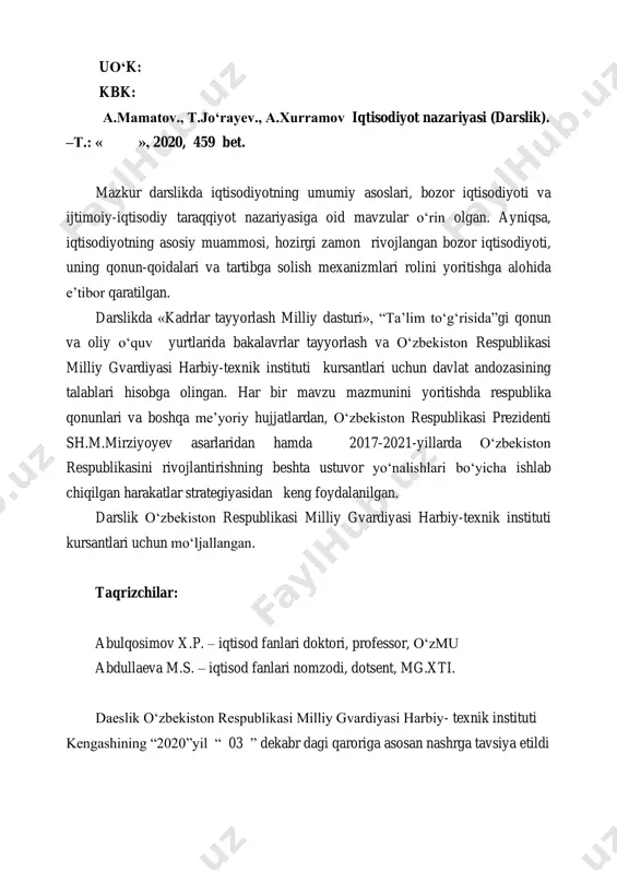 ti va ilmiy, ijodiy mehnati tufayli jamiyatda fan-texnika taraqqiyoti yuz beradi. demak, kursantlarning mustaqil fikr yuritishi, turli iqtisodiy hodisa va jarayonlarning mohiyatiga o‘z nuqtai-nazarini bayon qilish layoqatiga va real voqeylik to‘g‘risida amaliy ko‘nikmaga ega bo‘lishi hozirgi zamon talabidir. mazkur darslikda, iqtisodiyotning umumiy asoslari, bozor iqtisodiyoti va ijtimoiy-iqtisodiy taraqqiyot nazariyasiga oid masalalar tanqidiy ketma-ketlikda o‘rin olgan. ayniqsa, iqtisodiyotning asosiy muammosi va uni hal qilish yo‘llarini hozirgi zamon rivojlangan bozor iqtisodiyoti, uning qonun-qoidalari va tartibga solish mexanizmlari rolini yoritishga alohida e’tibor qaratilgan. darslikda «kadrlar tayyorlash milliy dasturi», “ta’lim to‘g‘risida”gi qonun va o‘zbekiston respublikasi milliy gvardiyasi harbiy-texnik institutida kursantlar tayyorlash davlat andozasining talablari hisobga olingan. har bir mavzu maz- munini yoritishda respublika qonunlari, boshqa me’yoriy hujjatlardan, prezident sh.mirziyoyev, tomonidan 2017-2021-yillarda o‘zbekiston respublikasini rivojlantirishning beshta ustuvor yo‘nalishlari bo‘yicha ishlab chiqilgan harakatlar strategiyasidan keng foydalanilgan. darslikda shu fandan mavjud xorijiy adabiyotlar bilan birga respublikada “iqtisodiyot nazariyasi” bo‘yicha chop etilgan darslik va o‘quv qo‘llanmalardan mamlakatimiz iqtisodiy …
