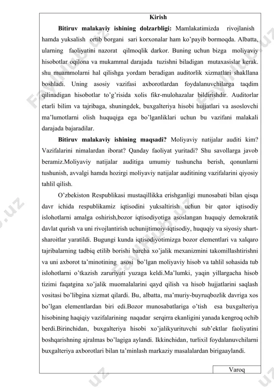 mokratik davlat qurish va uni rivojlantirish uchunijtimoiy-iqtisodiy, huquqiy va siyosiy shart-sharoitlar yaratildi. bugungi kunda iqtisodiyotimizga bozor elementlari va xalqaro tajribalarning tadbiq etilib borishi barcha xo’jalik mexanizmini takomillashtirishni va uni axborot ta’minotining asosi bo’lgan moliyaviy hisob va tahlil sohasida tub islohotlarni o’tkazish zaruriyati yuzaga keldi.ma’lumki‚ yaqin yillargacha hisob tizimi faqatgina xo’jalik muomalalarini qayd qilish va hisob hujjatlarini saqlash vositasi bo’libgina xizmat qilardi. bu‚ albatta‚ ma’muriy-buyruqbozlik davriga xos bo’lgan elementlardan biri edi.bozor munosabatlariga o’tish esa buxgalteriya hisobining haqiqiy vazifalarining naqadar serqirra ekanligini yanada kengroq ochib berdi.birinchidan‚ buxgalteriya hisobi xo’jalikyurituvchi sub’ektlar faoliyatini boshqarishning ajralmas bo’lagiga aylandi. ikkinchidan‚ turlixil foydalanuvchilarni buxgalteriya axborotlari bilan ta’minlash markaziy masalalardan birigaaylandi. varoq 2 va nihoyat‚ zamonaviy buxgalter faqatgina hisob ishlarini yuritibgina qolmay‚ balki buxgalteriya ma’lumotlarini tahlil qilish‚ korxona iqtisodiy holatini tavsiflovchi turli xilkoeffitsientlarni hisoblash‚ xo’jalik jarayonlariga baho berish‚ korxona istiqbolini belgilayolishi kerak. bundan tashqari malakali zamonaviy buxgalter auditorlik faoliyati bilanshug’ullana olishi kerak.bozor iqtisodiyoti sharoitida korxonaning iqtisodiy hamda moliyaviy …