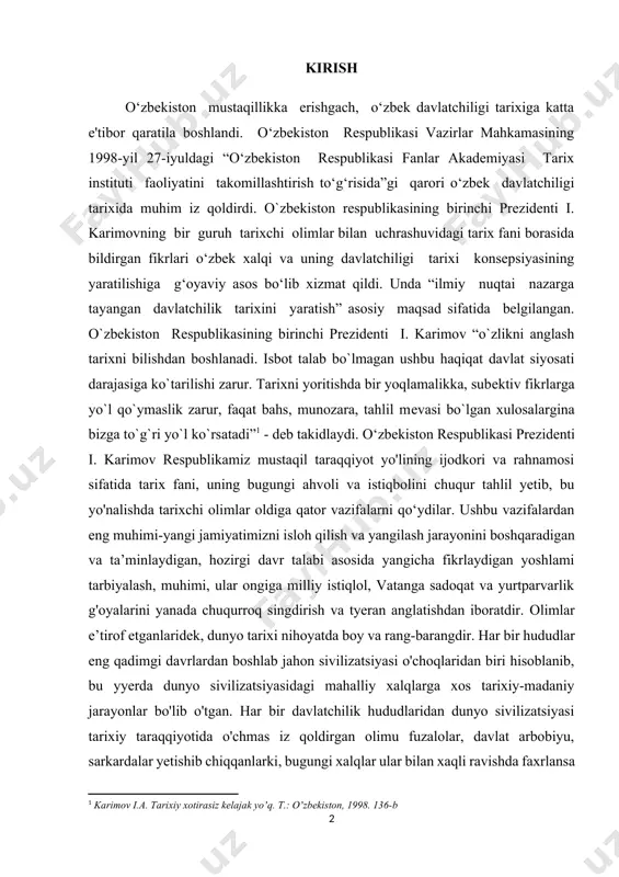 tiqbolini chuqur tahlil yetib, bu yo'nalishda tarixchi olimlar oldiga qator vazifalarni qo‘ydilar. ushbu vazifalardan eng muhimi-yangi jamiyatimizni isloh qilish va yangilash jarayonini boshqaradigan va ta’minlaydigan, hozirgi davr talabi asosida yangicha fikrlaydigan yoshlami tarbiyalash, muhimi, ular ongiga milliy istiqlol, vatanga sadoqat va yurtparvarlik g'oyalarini yanada chuqurroq singdirish va tyeran anglatishdan iboratdir. olimlar e’tirof etganlaridek, dunyo tarixi nihoyatda boy va rang-barangdir. har bir hududlar eng qadimgi davrlardan boshlab jahon sivilizatsiyasi o'choqlaridan biri hisoblanib, bu yyerda dunyo sivilizatsiyasidagi mahalliy xalqlarga xos tarixiy-madaniy jarayonlar bo'lib o'tgan. har bir davlatchilik hududlaridan dunyo sivilizatsiyasi tarixiy taraqqiyotida o'chmas iz qoldirgan olimu fuzalolar, davlat arbobiyu, sarkardalar yetishib chiqqanlarki, bugungi xalqlar ular bilan xaqli ravishda faxrlansa arziydi. hukumatlar tashabbusi bilan tarixi chuqur o`rganila boshlandi. shu jumladan jahon davlatchiligi tarixidagi turkiya davlatining birinchi jahon urushi davri ham. bu davr haqida ham izlanishlar olib borildi. lekin afsuski turkiya davlatining birinchi jahon urushi davri va uning jahon tarixidagi o`rni tog`risida ma’lumotlar o`zbek …