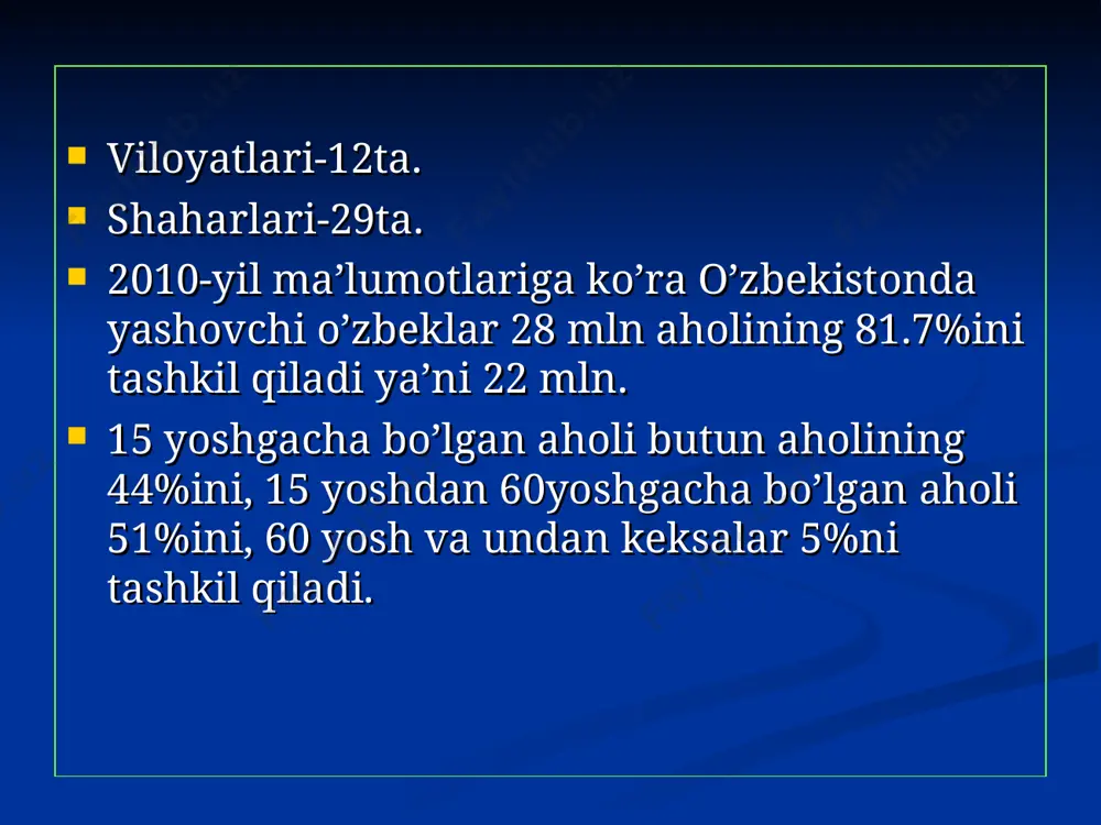 r tipi”ga kiradilar.ular o’zida ham mongoloid, ham yevropoid belgilarini aks ettiradi. qozoqlarning qabila va urug’lari 3ta katta guruhga bo’linadi: katta juz qang’li, sara usun, shanshiqli asti, oshaqti dulat, jaloir, sirgeli, shaprashti, abdan, suas, bes urug’lari. o’rta juz: arg’inlar, naymanlar, qipshaqlar, qang’ratlar va kereylarga bo’linadi. kichik juz: juz alim uli, boy uli, jeteru kabi guruhlarga bo’linadi. qozog’iston tabiati. qozog’istondagi masjid. qoraqalpoq madaniyati. s. p. tolstov, p. p. ivanovning fikricha, orolbo’yi pecheneglari va o’g’uzlar qoraqalpoq xalqi shakllanishining so’ngi bosqichi. ularning xalq sifatida shakllanishi orol va amudaryo bo’ylarida kechgan. xi asrda qoraqalpoq yerlariga bostirib kelgan qipchoqlar; tolstovning fikricha, sharqlik pecheneglarni bosh kiyimiga qarab “qoraqalpoq” deb ataganlar. ularning ajdodlari sak-massaget uyushmasiga kirgan apasiak, augasiylar miloddan oldingi asr oxirlarida orol dengizining janubiy sohillarida yashashgan. qoraqalpoq fuqarolari. qoraqalpoq milliy kiyimlari. e’tiboringiz uchun raxmat!