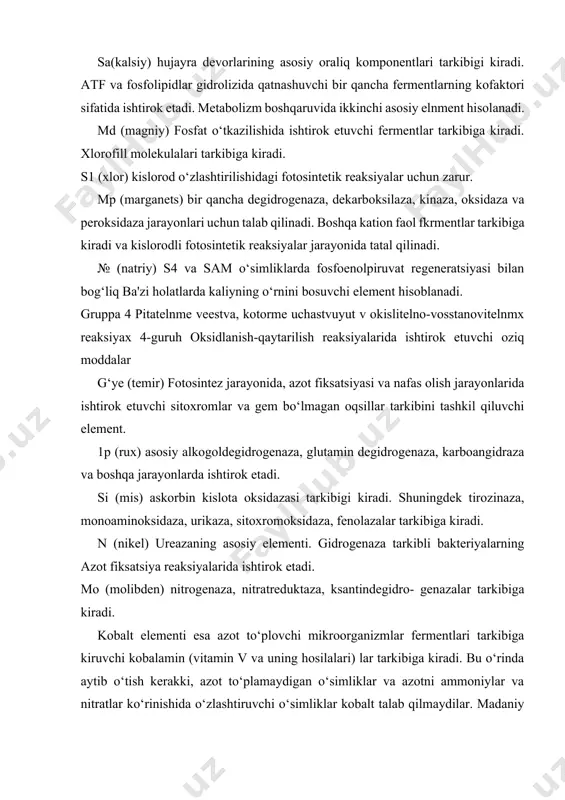 enaza, nitratreduktaza, ksantindegidro- genazalar tarkibiga kiradi. kobalt elementi esa azot to‘plovchi mikroorganizmlar fermentlari tarkibiga kiruvchi kobalamin (vitamin v va uning hosilalari) lar tarkibiga kiradi. bu o‘rinda aytib o‘tish kerakki, azot to‘plamaydigan o‘simliklar va azotni ammoniylar va nitratlar ko‘rinishida o‘zlashtiruvchi o‘simliklar kobalt talab qilmaydilar. madaniy o‘simliklar esa faqatgina nisbatan juda kam miqdorda yuqorida ko‘rsatilmagan elementlarni to‘plashi mumkin. nazorat ostida o‘rganilayotgan atayin biror bir element yetishmasligi keltirib chiqariladigan eksperimental sharoitda elementlarning muhim ahamiyatiga ega ekanligini namoyish qilish uchun tajribalarda oziqlanish jarayonlarini o‘rganish uchun maxsus jihozlar ishlatiladi. oddiy tuproq muhitida yoki murakkab ozuqa muhitida bunday eksperimental sharoitlarni yaratish ancha murakkab. 19 asrda bir qancha olimlar jumladan, nikolya de teodor, yulius fon saks, jan batist, jozef dedonne bussengo va vilgelm kpon bu murosali masalani yengillatish uchun, o‘rganilayotgan o‘simliklarni ildizlarini maxsus eritmaga solib o‘stirishni tavsiya etganlar. maxsus eritmalar faqat noorganik tuzlardan tayyorlangan. bu sharoitda o‘stirilgan o‘simliklar hayot faoltyatiga qarab shuni hulosa qilish mumkinki, o‘simliklar tuproq …