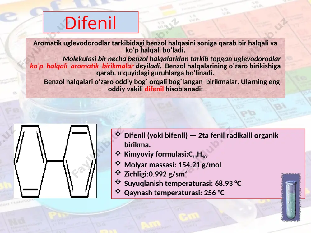 i. naftalin oq, yaltiroq kristall modda, 80oc da suyuqlanadi. o`ziga xos o’tkir hidga ega. u qattiq modda bo’lishiga qaramay oson uchuvchan. suvda erimaydi, benzol va efirda yaxshi eriydi, qizdirilganda spirtda ham eriydi. kimyoviy xossalariga ko’ra naftalin benzolga o`xshaydi. u benzol singari aromatik xossaga ega, o’rin olish va birikish reaksiyalarga kirishadi. naftalin ham benzolga o`xshab galogenlanadi, nitrolanadi, sulfolanadi. naftalinning α - holatda turgan vodorod atomlari β - holatiga nisbatan o’rin almashinish reaksiyasiga oson kirishadi. naftalin sulfokislotalardagi sulfoguruh gidroksil guruhiga almashinish mumkin. bunda naftollar hosil bo`ladi. naftalin qaytarilishi (gidrogenlanish) natijasida reaksiyaning olib borilishi sharoitiga qarab di-, tetra- va dekagidronaftalinlar hosil bo’ladi: naftalin galogenlash, sulfolash va nitrolash reaksiyalariga ham kirishadi olinish usullari. naftalin asosan toshko’mir smolasidan ajratib olinadi. uni laboratoriya sharoitida quyidagi usullar bilan olish mumkin. benzol bilan atsetilen aralashmasini yuqori haroratda katalizator ustidan o’tkazilganda naftalin hosil bo’ladi: 2. fenilizokroton kislota qizdirilganda naftal hosil bo’ladi, naftalni qaytarib esa naftalin olinadi: 3. divinil bilan …