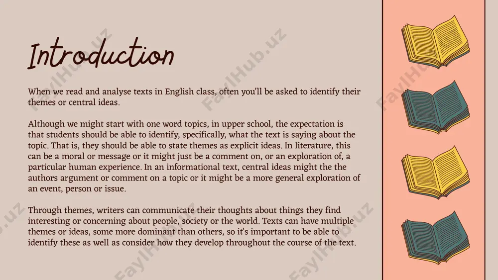 one another in order to form a complex story or investigation. for example, a coming of age narrative novel for an adolescent audience might explore themes of bravery, family relationships, friendship, coping with change and maturity. an informational feature article for an audience of parents on the topic of standardised testing might explore ideas about education, student stress, academic success and differences in individual abilities and learning needs. it's also important to note that different readers can read the same text and identify different themes or ideas due to their personal context. these ideas may not always be deliberately intended by an author, but a reader might interpret them based on their personal reading of the text. development of ideas considering the fact that themes and ideas can be quite complex, it's important to consider how they develop throughout a text. beginning middle end how does the author introduce the …