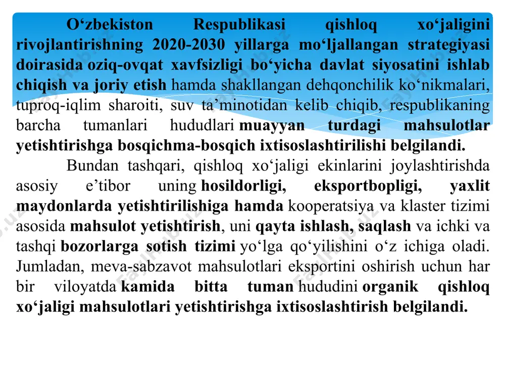 i. 3.klasterlar uchun yaratilgan imkoniyatlar. kelgusi besh yilda qishloq xo‘jaligida hosildorlikni kamida 2 barobarga ko‘paytirish, xom ashyoni qayta ishlash, soha eksportini 7 mlrd. dollarga yetkazish, aholi bandligi va daromadlarini yanada oshirish maqsad qilingan. tabiiyki, bunda klasterlarning o‘ziga xos o‘rni bor, desak aslo mubolag‘a bo‘lmaydi. ushbu tizim qisqa vaqt ichida katta evrilishlarga zamin yaratdi. masalan, birgina paxtachilikda tolani qayta ishlash 2,5 barobarga oshib, 100 foizga yetkazildi. shuningdek, ip-kalava ishlab chiqarish 2 barobarga, tayyor mahsulot – 3 barobarga ortdi, eksport 3 mlrd. dollarga yetdi. paxta xom ashyosidan tayyor mahsulotgacha bo‘lgan bosqichlarni qamrab olgan 2 mlrd. dollarlik 125 ta yangi korxona hamda 150 mingta doimiy ish o‘rni tashkil qilindi. klasterlar tomonidan 5 mingdan ortiq zamonaviy rusumdagi texnikalar olib kelindi, 126 ming gektar maydonda suv tejash texnologiyalari joriy qilindi. 2005-2015 yillarda davlat xaridlari bahosining va ichki bozordagi bug‘doy narxlarining dinamikasi (1 tonna uchun ming so‘m). endi bundan buyon, klasterlarga kreditlar 24 oy muddatga ajratilib, …