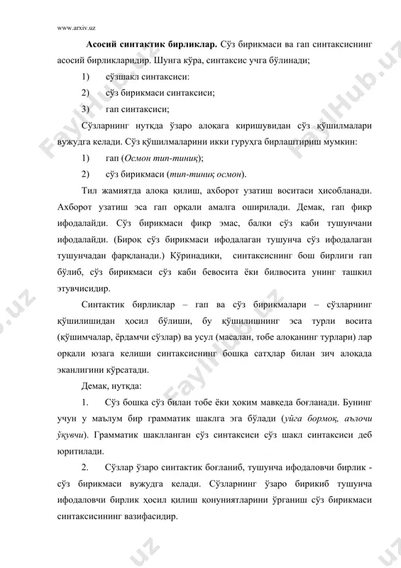 лиги учун лисоний синтактик қолип (қисқача лсқ) лар деб атаймиз. лсқ нима? ғишт қуювчи уста ғишт қуйишда қолипдан фойдаланади. лойни қолипнинг катакларига жойлаштириб, у қолип шаклини олгач, қолипдан чиқариб тўкади. қолип асосида қанча ғишт қуйилса ҳам, ғиштларнинг барчаси бир хил шаклга эга бўлади. бу бир хиллик ғиштларнинг ўзига боғлиқ бўлмай, қолипнинг хусусиятлари билан алоқадордир. лсқлар ҳам ғишт қолипларига ўхшайди. инсон онгида ҳам сўзлаш, нутқни шакллантириш мақсадида лексемаларни сўз бирикмалари шаклига келтириш, гап ҳосил қилиш қолиплари мавжуд. улар лсқлар, моделлар, конструкциялар, қурилмалар тарзида номланса-да, аслида бир тушунчани ифодалайди. масалан, китобни ўқимоқ каби чексиз бирикмаларни чиқарадиган [отт.к. қ фeъл] сўз бирикмаси қолипи, қандай номланмасин, бу унинг моҳиятига таъсир қилмайди. қолип ва нутқий ҳосила (сўз бирикмаси ва гап) лар диалектик бирликдадир. қолип нутқий ҳосиласиз ўлик ва жонсиз, нутқий ҳосила эса қолипсиз бўлиши мумкин эмас. қуйида лсқ ва нутқий сўз бирикмаси ҳамда гапларнинг бир-бирига ўхшамайдиган, фарқли хусусиятларини баён этамиз. 1.лсқнинг моддийликдан холилиги ва нутқий …
