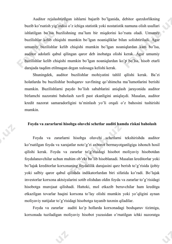 motlar aynan boshqaruv tizimi xatosi bilan sodir bo’lishi mumkin. foyda va zararlar to’g’risidagi hisobot auditi ko’p jihatdan auditning boshqa hududlaridagi tekshiruvlar natijasini ham o’z ichiga oladi hamda tekshiruvni samarali yakunlash uchun quyidagi mustaqil audit amallarining natijasi zarur bo’ladi: · turli biznes jarayonlar ustidan boshqaruv vositalarini testdan o’tkazish natijalari; · balans moddalari va foyda va zararlar to’g’risidagi hisobotga aloqador bo’lgan schetlarni testdan o’tkazish natijalari; · foyda va zararlarni ifodalovchi schetlar ustidan o’tkazilgan tahliliy audit amallari natijasi; · moliyaviy natijalar to’g’risidagi hisobotning tanlangan schetlarini batafsil testlash natijalari. biz yuqoridagi boblarda nazorat riskini boshqarishda auditorning turli yondashuvlari haqida so’zladik. ya’ni, nazorat riski maksimum deb qaralsa, auditor ichki nazorat ma’lumotlariga tayanib fikr yurita olmaydi va keng miqyosdagi mustaqil audit amallarini bajaradi. mijoz boshqaruv tizimi, nazorat tizimi samarali ishlayotgan yoki yo’qligini testlab o’rganiladi. agar korxonada nazorat vositalari samarali ishlayotgan bo’lsa, auditor nazorat riskini maksimumdan tushirishi mumkin. moliyaviy natijalar auditida pasaytirilgan nazorat riski korxona ichki nazoratining …