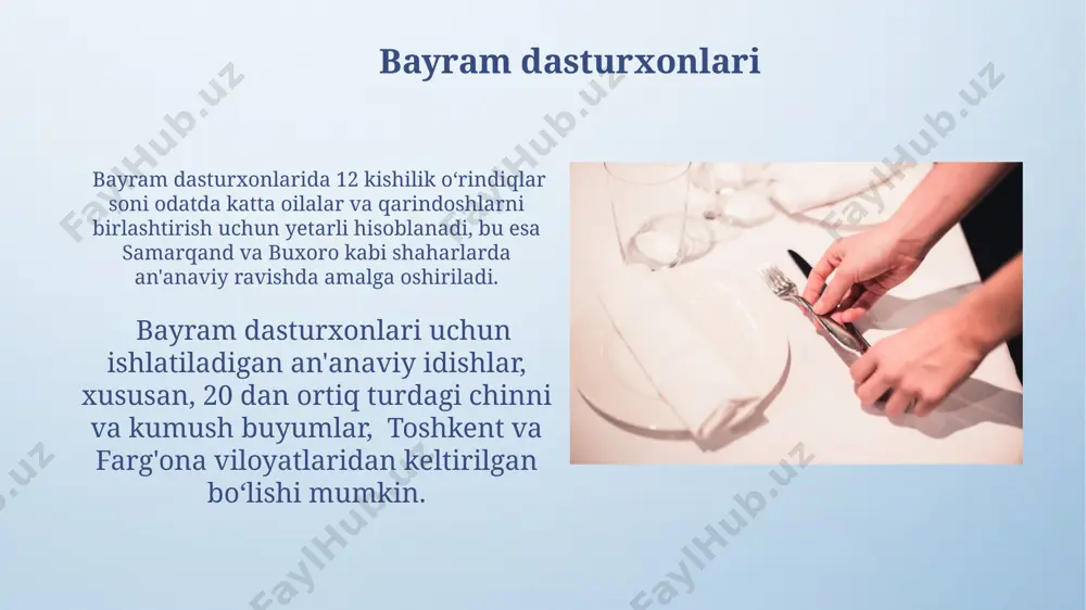 on tuzish samarqanddagi an'anaviy rasmiy ziyofatlarda, 2-3 xil salat idishlari va 5 dan ortiq issiq taomlar uchun alohida idishlar qo'yiladi, bu milliy an'analarga mos keladi. rasmiy dasturxon tuzishda, toshkentdagi yuqori martabali ziyofatlarda 12 ta plastinka, 6 ta pichoq va 4 ta vilkadan iborat to'liq servis qo'llaniladi, har bir mehmon uchun alohida joylashtiriladi. stakanlar va boshqa idishlarni joylashtirish shoʻrva idishlari, agar taomda shoʻrva boʻlsa, asosiy taomdan oldin, chap tomonga, 15-20 sm masofada joylashtiriladi. evropa mamlakatlari anʼanalariga koʻra, katta idishlar kichiklaridan oldin qoʻyiladi. salat idishlari, odatda, asosiy taom idishining chap tomoniga, taxminan 10 sm masofada joylashtiriladi. amerika qoʻshma shtatlaridagi rasmiy kechalarda, koʻpincha 2-3 xil salat uchun alohida idishlar qoʻllaniladi. norasmiy dasturxon tuzish samarqanddagi an'anaviy norasmiy ziyofatlarda 6 dan 10 gacha mehmon uchun 1 ta katta piyola, 3 ta turli xil salatlar va har bir mehmon uchun 2 ta stakan (suv va sharbat uchun) qo'yiladi. norasmiy dasturxon tuzishda, masalan, toshkentdagi bir oilaviy kechki …