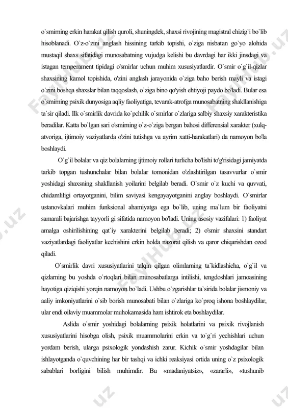 ilk o`smirlik davrida ko`pchilik o`smirlar o`zlariga salbiy shaxsiy xarakteristika beradilar. katta bo`lgan sari o'smirning o`z-o`ziga bergan bahosi differensial xarakter (xulq-atvoriga, ijtimoiy vaziyatlar​da o'zini tutishga va ayrim xatti-harakatlari) da namoyon bo'la boshlaydi. o`g`il bolalar va qiz bolalarning ijtimoiy rollari turlicha bo'lishi to'g'risidagi jamiyatda tarkib topgan tushunchalar bilan bola​lar tomonidan o'zlashtirilgan tasavvurlar o`smir yoshidagi shaxsning shakllanish yoilarini belgilab beradi. o`smir o`z kuchi va quvvati, chidamliligi ortayotganini, bilim saviyasi kengayayotganini anglay boshlaydi. o`smirlar ustanovkalari muhim funksional ahamiyatga ega bo`lib, uning ma`lum bir faoliyatni samarali bajarishga tayyorli gi sifatida namoyon bo'ladi. uning asosiy vazifalari: 1) faoliyat amalga oshirilishining qat`iy xarakterini belgilab beradi; 2) o'smir shaxsini standart vaziyatlardagi faoliyatlar kechishini erkin holda nazorat qilish va qaror chiqarishdan ozod qiladi. o`smirlik davri xususiyatlarini talqin qilgan olimlarning ta`kidlashicha, o`g`il va qizlarning bu yoshda o`rtoqlari bilan munosabatlarga intilishi, tengdoshlari jamoasining hayotiga qiziqishi yorqin namoyon bo`ladi. ushbu o`zgarishlar ta`sirida bolalar jismoniy va aaliy imkoniyatlarini o`sib borish munosabati bilan o`zlariga …