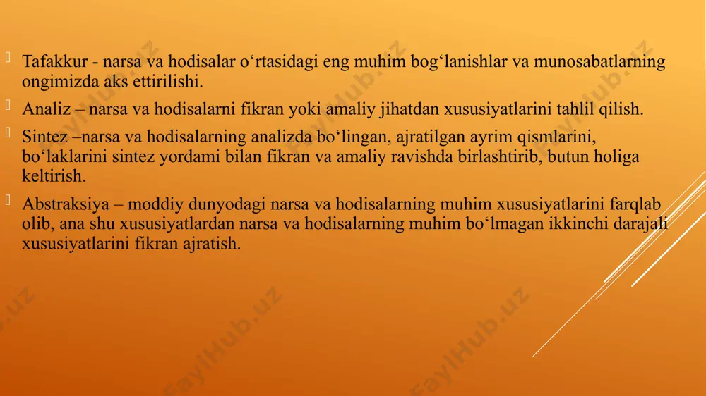 -obrazli va ko‘rgazmali-harakatli tafakkur ajratiladi. tushunchali tafakkur – bu ma’lum tushunchalar qo‘llaniladigan tafakkur . u yoki bu aqliy masalalarni echishda boshqa odamlar tomonidan aniqlangan va tushunchalar, mulohazalar, xulosalar shaklida ifodalangan tayyor bilimlardan foydalanamiz . obrazli tafakkur – bu obrazlar yordamida mulohaza yuritish jarayonining bir turi. ular xotiradan olinadi yoki tasavvurda hosil qilinadi . ko‘pincha tafakkurning bu turi badiiy ijodkorlik faoliyati bilan shug‘ullanuvchi odamlarda ustun bo‘ladi. ko‘rgazmali -obraz li tafakkur obrazlarni qo‘llash bilan bog‘liq. bu tafakkur odam biror masalani echishda turli obrazlarni, hodisalar va jismlar haqidagi tasavvurlarni tahlil qilishida, qiyoslashtirishida, umumlashtirishida namoyon bo‘ladi. amaliy tafakkur tajriba, amaliy harakatlar asosida amalga oshiriladi va aniq vazifalarni bajarishga qaratilgan, nazariy – tajriba bilan ish ko‘rmasdan tushunchalardan foydalanadi. diskursiv tafakkur – kengaytirilgan tafakkur, ichki sezgi kechishining tezligi, aniq ifodalangan bosqichlarning mavjud emasligi, oz darajada anglanganligi bilan xaraterlanadi. hozirgi kunda fan tafakkurni rivojlantirish masalasiga alohida e’tibor qaratgan. amaliyotda tafakkurni rivojlantirishning filogenetik, ontogenetik va tajribaviy yo‘nalishlari mavjud. …