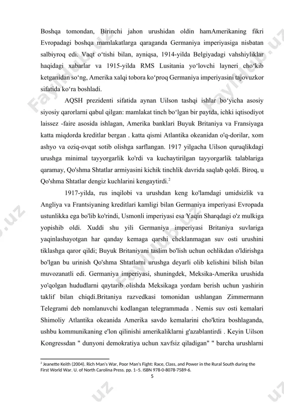 sitania laynerini bortida 128 aqsh fuqarosi bilan cho‘ktirganda, uilson germaniyaning yo‘lovchi kemalariga hujumlarini to‘xtatishni talab qildi va aqsh cheksiz suv osti urushiga toqat qilmasligi haqida ogohlantirdi. amerika huquqlari" va "xalqaro va majburiyatlar". uilsonning davlat kotibi uilyam jennings brayan prezidentning nemislarning suv osti kemalari hujumlaridan foydalanishiga qarshi noroziliklari amerikaning betaraflik haqidagi rasmiy majburiyatiga zid deb hisoblab, isteʼfoga chiqdi. boshqa tomondan, uilson sobiq prezident teodor ruzvelt boshchiligidagi urush qirg'inchilari tomonidan bosim ostida qoldi., kim "qaroqchilik" sifatida nemis harakatlarini qoralagan va sesil spring rays va ser edvard grey boshchiligidagi britaniya delegatsiyalaridan .[footnoteref:4] [4: "world war one". bbc history. archived from the original on 2020-11-06. retrieved 2019-12-25.] 1916-yil 30-iyulda nyu-jersi shtatining jersi-siti shahrida germaniyaning qora tomga nisbatan gumon qilingan sabotajiga va 1917-yil 11-yanvarda nyu-jersi shtatining lindxerst shahridagi kingsland portlashiga aqsh jamoatchiligi norozilik bilan munosabat bildirdi.[footnoteref:5] [5: link, arthur s. (1972). woodrow wilson and the progressive era, 1910–1917. new york: harper & row. pp. 252–282.] …
