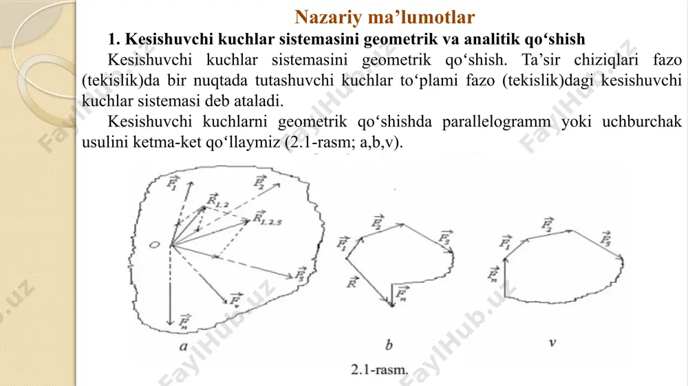 proyeksiyasi musbat (2.3-rasm), aks holda manfiy qiymatlarga ega boʻladi (2.4-rasm). 3. kesishuvchi kuchlar sistemasining muvozanat shartlari kesishuvchi kuchlar sistemasiga qo‘yilgan shart bajarilsa va ulamir teng ta’sir etuvchisi r = 0 boʻlsa, u holda bu shartga kesishuvchi kuchli sistemasining muvozanat sharti deyiladi. 1. muvozanatning geometrik sharti. ma’lumki, kesishuvchi kuchlarga qurilgan kuch koʻpburchagi yopiq bo’lganda, faqat shu holdagina r=0 boʻladi. kesishuvchi kuchlar sistemasi muvozanatda boʻlishi uchun, kuch koʻpburchagining yopiq boʻlishi zarur va yetarlidir. 2. muvozanatning analitik sharti. agar r=0 boʻlsa, u holda rx=0, ry=0, rz=0 boʻladi va u holda quyidagiga ega boʻlamiz: teskarisi, agar (2.9) shart bajarilsa, u holda r=0 boʻladi. binobarin, kesishuvchi kuchlar muvozanatda boʻlishi uchun ularning uchta koordinata o‘qlaridagi proyeksiyalarining yigʻindisi alohida-alohida nolga teng boʻlishi zarur va yetarlidir. agar kesishuvchi kuchlar sistemasi tekislikda joylashgan boʻlsa, u holda ox va oy oʻqlarini shu tekislikda olib, quyidagi muvozanat shartini yozamiz [9]: mavzuga oid masalalar yechish 1-rasm . yechish. bеrilgаn qurilmаni bоg'lаnishlаrdаn оzоd …