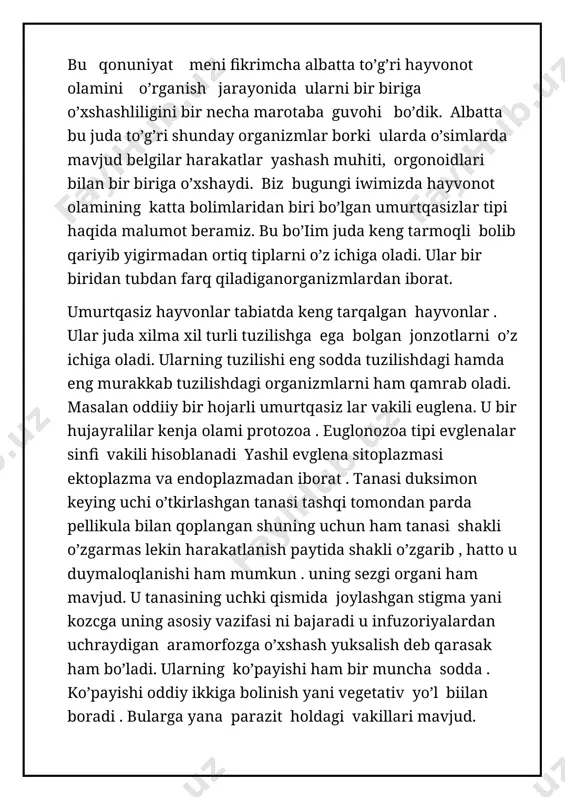 ingari tufelkaning ham protoplazmasi quyuq va tiniq tashqi qavat - ektoplazmadan suyuq donador ichki qavat ektoplazmasidan iborat. endoplazma markazida ikkita yadrosi joylashgan bo’lib ulardan bri katta loviya shaklidagi katta yadro makronuleus kichik yadro mikronukleusdan iborat yadrolar bu endoplazma markazida joylashgan. makronukleus infuzoriya tanasida yuzaga keldigan butn hayotiy jarayonlarni o’z ichiga oladi jumladan oqsil almashinuvini sintezlanish hamda parchalanishini nazorat qiladi. mikronukleusda irsiy axboroy saqlanadidan yani unda xromosomalar saqlanadi irsiy axborot saqlanad. undan tashqari tufelkada ikkita qisqaruvchi vakuola mavjud. ularning biri tananing oldingi ikkinchisi esa tananing keying qismida joylashgan. har bir qisqaruvchi vakuola markaziy pufakcha va beshtadan yig’uvchi naychalardan tashkil topgan. tanada yig’iladigan ortiqcha suv , metobolizm mahsulotlari dastlab shu naychalarda toplanadi , keyin pufakchaga o’tib undan tashqariga chiqariladi. lekin bu vakuolalar odatda navbatlashib ishlaydi bittasi qisqargan paytda ikkinchisiga suv va chiqindi mahsulotlar to’planadi. suv harorati 6gradusda bo’lga. yetarli darajada va oziq bo’ganda bir kecha hunduzda ikki marta bo’linadi, yani konyugatsiya jarayoni …