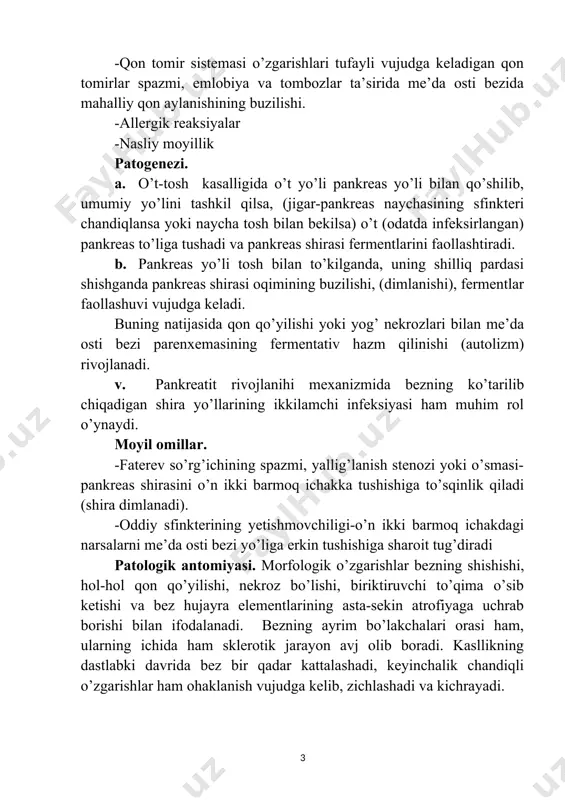 an ifodalanadi. -qorinning ustki yarmida simillab turadigan va sanchiqsimon og’riqlar bezovta qiladi. agar potologik jarayon asosan me’da osti bezi boshini zararlasa-og’riq epigastriya sohasining o’ng tomonida, aksariyat va tanasi shikastlansa-og’riq epigastriya sohasining chap tomonida, jarayon bez dumida rivojlansa-og’riq chap qobirg’a ostida joylashadi. og’riq ko’pincha belga beriladi va qamrab oluvchi xarakterda bo’lib, epigastriya sohasidan qobirg’a yoyi bo’ylab umurtqa pog’onasiga tarqaladi. og’riq gohida stenokardiyaga o’xshab chap kurakka, chap yelkaga yo’nalishi mumkin. og’riq aksari, ko’p miqdorda yog’li ovqat yoki ichkilikdan keyin paydo bo’ladi. og’riq davomiyligi-bir necha soatda bir necha kungacha. -despepsiya o’zgarishlari –ishtaha pasayishi yoki yo’qolishi, yog’li ovqatga nefrat, ko’ngil aynishi va qusish, so’lak oqishi, qorinning dam bo’lib turishi va quldirashi, kekirish surunkali panreatitda doimo kuzatiladi. -najasning xastalikka xos o’zgarishi-pankteatogen ich ketishi. surunkali pankreatitning yengil holatida naja deyarli o’zgarmaydi, ich surishining ich qotishi bilan almashinib turishi kuzatiladi. najas qo’llansa hidli, kulrang bo’tqasimon bo’lib, unda bir talay yog’ (steatoriya-“yog’li najas”) va hazm bo’lmagan mushak tolalari …