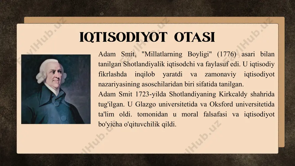 aqsimoti iqtisodiyotning samaradorligini oshirishni olib keladi. u ishchilarning o'z ixtisoslashuvlari bo'yicha ishlarni va bunda muayyan predmetlarni ishlab chiqarishdagi unumdorlikni belgilashini ta'kidlagan. hamda buni isbotlab bergan ham(2400x) davlat aralushuvi • restriktiv hukumat siyosatlari: smit, davlatning iqtisodiy faoliyatiga aralashishini taklif qildi. u davlat to'ridan-to'g'ri iqtisodiyotga aralashtirishga qarshi chiqdi, lekin ijtimoiy infratuzilmani kengaytirish uchun kerakli chora-tadbirlarni ko'rishga chaqirdi. davr uchun "hozirgi fundament"ni bajargan. alohida manfaatlar: smit, shaxsiy manfaatlarni rivojlantirish, iqtisodiy taraqqiyotning asosiy mexanizmi deb hisoblagan. u iqtisodchilarni har qanday tadbirkorlik faoliyatidan yuklashga undadi. shaxsiy odamlarga ko'ra harakat qilishsa, bu umumiy odamlarga foyda keltiradi. alohida manfaatlar: a.smitning iqtisodiy qarashlari asosida shunday g'oya yotadiki, unga ko'rajamiyat boyligi ishlab chiqarish jarayonida mehnat tufayli paydo bo'ladi (merkantilistlardan keskin farqi bor). a.smit mehnatni barcha sohalarda (sanoat, qishloq xo'jaligi va xizmat ko'rsatish sohalari) boylikning asosi deb bildi. u kapitalistik ishlab chiqarishning manu faktura bosqichini tahlil qilish asosida iqtisodiy o'sishning muhim omili mehnat taqsimotidir, degan xulosalarga keldi va buni o'z …
