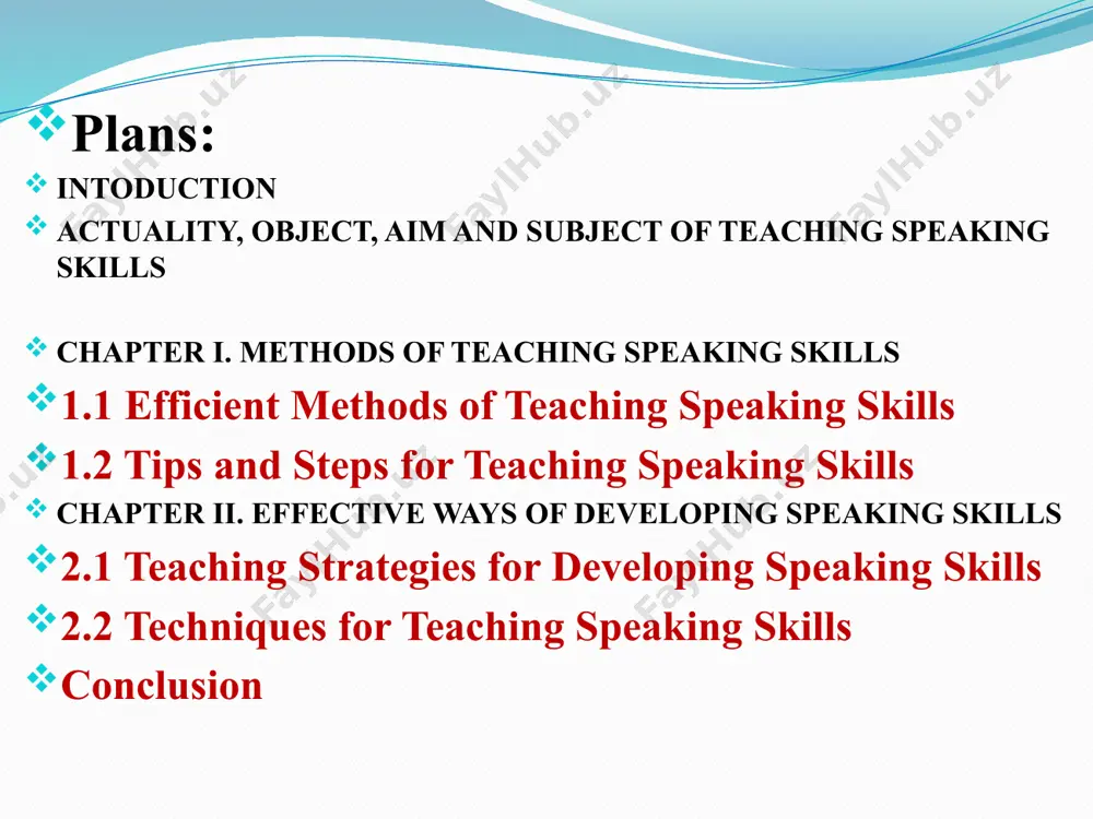 king skills in children learning english. by doing so, the study seeks to improve the overall communicative competence of young learners, enabling them to use english fluently and confidently in diverse situations. subject the subject of this study is the practical application of teaching methodologies and techniques aimed at developing speaking skills in english among children. this includes evaluating different approaches, such as task-based learning, communicative language teaching, project-based learning, and the integration of technology, to determine their effectiveness in enhancing students' spoken english abilities. efficient methods of teaching speaking skills 1. interactive activities role-playing: children assume different roles and act out scenarios. this encourages them to use language in varied contexts and promotes spontaneous speaking. group discussions: small group discussions on familiar topics encourage children to express their ideas and opinions, fostering confidence in speaking. 2. storytelling and narratives storytelling sessions: children are encouraged to tell stories, either from …