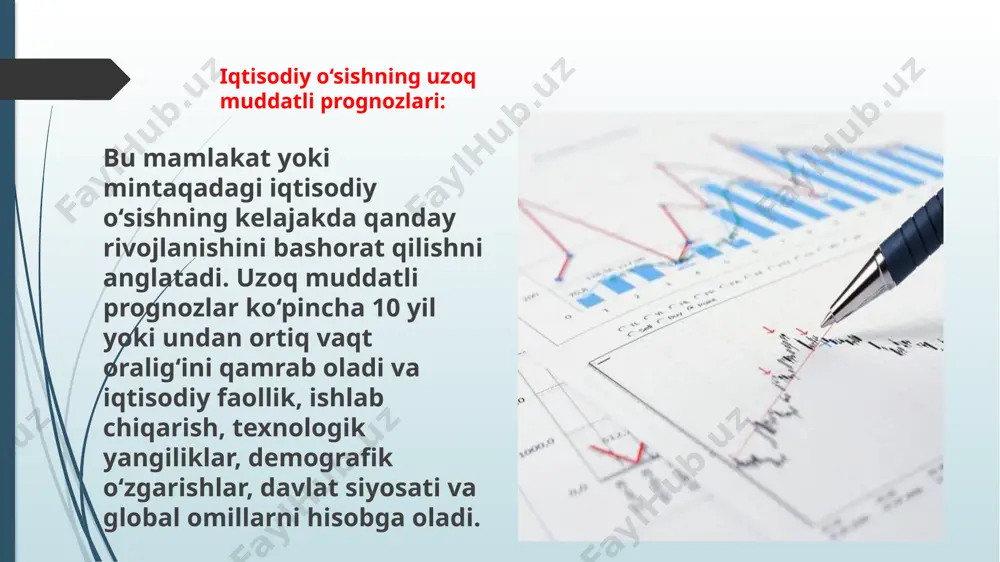 a: yaim — yalpi ichki mahsulot, kapital — jismoniy kapital (masalan, zavodlar, mashinalar), mehnat — ishchi kuchi, texnologiya — texnologik progress yoki innovatsiyalar. 5. uzoq muddatli iqtisodiy o‘sish (solow modelining dinamikasi): 5. uzoq muddatli iqtisodiy o‘sish (solow modelining dinamikasi): k(t+1) ning k(t) ga nisbati =(1-betta)*k(t) ning y(t) ga nisbati +i(t) bu yerda: k(t) — kapitalning vaqtga bog‘liq qiymati, δ— kapitalning eskirish darajasi (depreciation rate), i(t) — investitsiyalar, y(t) — yalpi ichki mahsulot (gdp). bu formula kapital va investitsiyalar o‘rtasidagi bog‘liqlikni ifodalaydi, bunda kapitalning o‘sishi investitsiyalar va eskirish darajasiga bog‘liq. image1.webp /docprops/thumbnail.jpeg