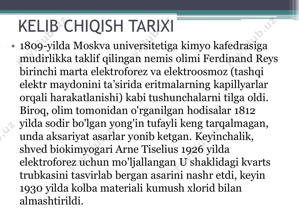 traktidan o'tmaydi va unda yo'q qilinmaydi. usullari • galvanik (teri orqali) - doka yoki filtrlangan qog'oz yostiqchalari dorivor eritma bilan singdiriladi, ular bemorning tanasiga patologik markazning qarama- qarshi tomonlariga joylashtiriladi, buning ichida dorivor modda harakatlanadigan maydon hosil bo'ladi. elektrodlar qistirmalarning ichiga joylashtiriladi va yuqoridan himoya plyonka bilan qoplangan; • vannacha - elektrodlar bilan jihozlangan maxsus idishda (vanna) kerakli hajmdagi dorivor eritma quyiladi. bemor tananing kasal qismini (qo'l yoki oyoq) suyuqlikka botiradi; •bo’shliqli - preparatning eritmasi bo'shliqli organlarga (oshqozon, siydik pufagi, to'g'ri ichak, qin, bachadon) yuboriladi, va elektrodlardan biri organga kiritiladi, ikkinchisi esa tananing yuzasida joylashtiriladi; •interstitsial - preparat og'iz orqali yoki in'ektsiya yo'li bilan organizmga yuboriladi, shundan so'ng elektrodlar patologik o’choqga joylashtiriladi. interstitsial elektroforez nafas olish kasalliklarini (bronxit, laringit, traxeobronxit va boshqalar) davolashda eng samarali hisoblanadi. davolash paytida elektroforez quyidagi terapevtik ta'sirga ega: • yallig'lanish reaktsiyalarini kamaytiradi; • shishga qarshi ta'sirga ega; • og'riq sindromini yo'q qiladi; • ortib borayotgan …