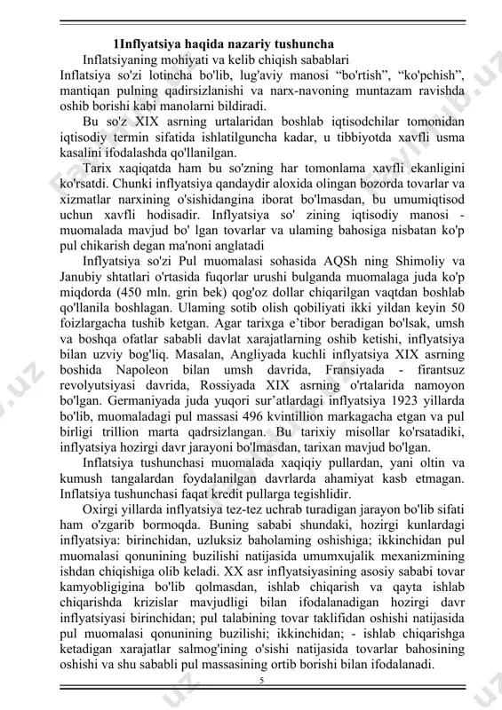 qadirsizlanishiga olib keladi. 2. ishlab chiqarishning qisqarishi. ishlab chiqarish pasayganda muomaladagi pul kamaymaydi, tovarlar miqdori esa kamayadi, ntijada narx oshadi pul qadri pasayadi. 3. mamlakatda chetdan keltirilgan {emport} tovarlar narxining ko'tarilishi. bu o'z navbatida mamlakatdaishlab chiqarilgan o'xshash va o'rinbosar tovarlar narxini oshiradi. 4. kreditning haddan tashqari rivojlanib ketishi. moddiy nematlar yaratish bilan bog'liq bo'lmagan sohalarga berilgan kreditlaming tez suratlar bilan o'sishi muomaladagi pul massasining ko'payishiga olib keladi. pulga nisbatan xalq ishonchining yo'qolishi, bozorda talabga javob bermaydigan tovarlaming ko'payib ketishi 2.inflatsiyaning turlari. inflyatsiya 3 turga bo’linadi. bular quyidagilar: o'rmolovchi inflatsiya. bunda narx-navo sekin o'sadi va inflatsiya suratlari yiliga 1-3 % dan 5-10 % gacha bo'ladi. mamlakatda iqtisodiy o'sish davom etadi, ishsizlik katta bo'lmaydi, bunday inflatsiya odatda, iqtisodiy rivojlangan mamlakatlarga xosdir. bu inflyatsiya aksincha ishlab chiqarishni yanada rivojlantirishni rag'batlantiruvchi omil sifatida namoyon bo'lishi mumkin. pulning qiymati barqarorligidagi o'zgarish sezilmasligi mumkin. masalan 1998 yilda inflatsiya suratlari avstriya, belgiya, germaniyada - 1.0 %, ispaniya, …