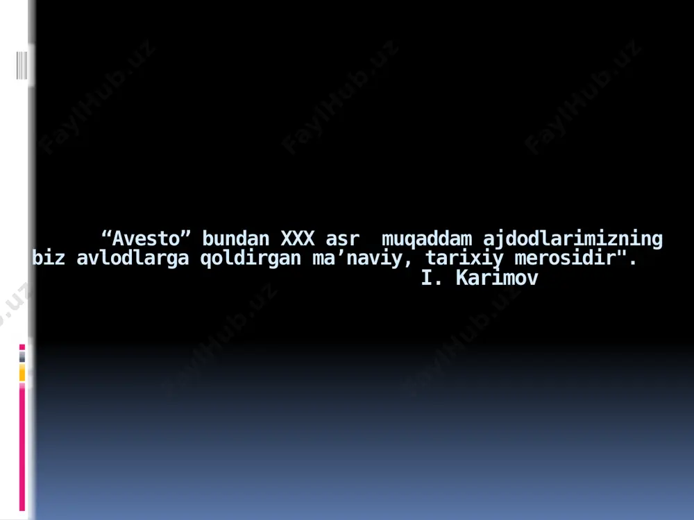 gan boblarida zardushtning shaytonlarga qarshi so'zi, mo’jizalar bilangina emas, qurol bilan ham jang qilgan afsonaviy kurashchi sifatida tasvirlangan. olimlarning aniqlashicha, jannatdagi hurlar to’g’risidagi rivoyatlar “avesto”obrazlari orqali (asosida)shakllanadi. zardushtiylikning hozirgi shakli forsiylik. hozirgi paytlargacha saqlanib qolgan dafn marosimlari o’ziga xos xususiyatlari mavjud: murdalar bir necha past- baland “sukunat minoralari” ”dahmalar"ga solinadi, u yerda murdalarning go’shtlarini qushlar yeydi; go’shtdan tozalangan suyaklar minora o’rtasidagi chuqur quduqga sochib yuboriladi. bunda “halol” bilan “harom”ning bir-biriga yaqinlashmasligiga erishiladi. zardushtiylik ibodatxonalarida mangu olov yonib turadi. zardushtiylikning asrlar mobaynida mazmun- mohiyati o’zgarib keldi, arshakiylar va sosoniylar davrida davlat diniga aylangan. o’zbekistonda chop qilingan “avesto” kitobida chizilgan ushbu rasmda darvish qiyofasi tasvirlangan. hamda uning ostida shunday so’zlar yozilgan: "darvishlarning anduhlarni yaratguvchi mehribonlik va javonmardligini olqishlaymiz". "yetti buyuk yasht" “avesto” dagi ma’lumotlarga ko’ra, o’rta osiyo aholisining ijtimoiy-iqtisodiy munosabatlar quyidagicha bo’lgan. nmana oila jamoasi vis patriarxal urug’ jamoasi zantu qabila jamoasi dahyu qabilalar ittifoqi “avesto” umumiy ma’lumot: yaratilgan vaqti va joyi: …