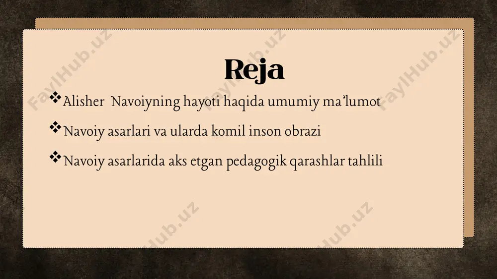 amsa», «mahbub ul-qulub», «munojot», «vaqfiya», «majolis un-nafois», «muhokamat ul-lug'atayin», abdurahmon jomiyning «arba’in» nomli asarining tarjimasi sifatida yaratilgan «chihil hadis» («qirq hadis») kabi asarlarida ta’lim –tarbiya hamda boshqa bir qancha masalalariga oid qarashlarini ifoda etadi. asarlari a lisher navoiy o'z asarlarida komil inson obrazlarini yaratib, ular qiyofasida namoyon bo'luvchi ma’naviy-axloqiy sifatlarni ulug'lagan bo'lsa, ta ’limiy-axloqiy muammolarni yorituvchi asarlarida esa komil insonni shakllantirish jarayonining mazmuni, ushbu jarayonning o'ziga xos jihatlari, yo'llari, shakl va usullari borasidagi m ulohazalam i bayon etadi. alloma tomonidan yaratilgan asarlar mazmunidan anglashiladiki, ularda ilgari surilgan qarashlarning markazida inson va uning kamolotini ta’minlash g'oyasi turadi. bu haqda navoiyshunos olim v. zohidov quyidagi fikrni bildiradi: «navoiy ijodi hamda amaliy faoliyatining eng asosiy, markaziy masalasi, yo'nalish nuqtasi har narsadan oldin inson, uning taqdiri, baxti, saodati, uning yaxshi yashashi, buning uchun zarur jamiyat masalalaridir». komil inson obrazi sizningcha komil inson qanday fazilatlarga ega bo’lishi kerak? komil inson allomaning tasavvuridagi komil inson o'z …