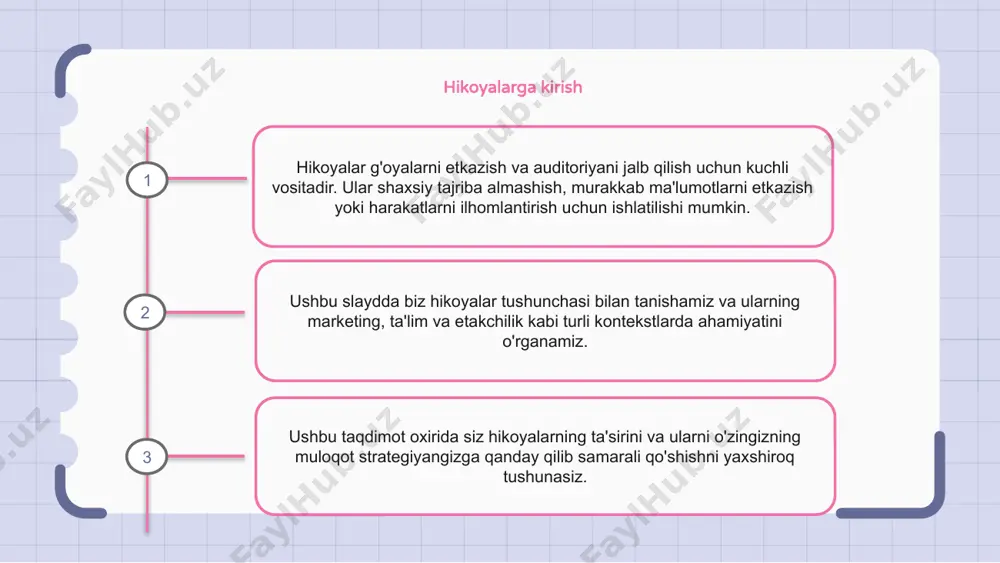 adir. jozibali hikoyalarni yaratish aniq tuzilish, o'zaro bog'liq belgilar va hissiy yoylarni talab qiladi. ushbu elementlarni o'z ichiga olgan holda, hikoyachilar unutilmas va ta'sirli hikoyalarni yaratishi mumkin. hikoya texnikasi hikoyalar hikoya qilish uchun kuchli vositadir. ular tinglovchilarning e'tiborini tortadi va xabarlarni esda qolarli tarzda etkazishga yordam beradi. qiziqarli va jozibali hikoyalarni yaratishda foydalanish mumkin bo'lgan turli hikoya usullari mavjud, masalan, yorqin tasvirlardan foydalanish, shubha yaratish va his-tuyg'ularni o'z ichiga olish. ushbu hikoya usullarini tushunish va ulardan foydalanish orqali taqdimotchilar xabarlarni samarali etkazib berishlari va o'z tinglovchilari bilan bog'lanishlari mumkin. marketingda hikoyalardan foydalanish hikoyalar samarali marketing vositasi bo'lib, mijozlar e'tiborini tortadi va ular bilan aloqa o'rnatadi. ular his-tuyg'ularni uyg'otish va doimiy taassurot qoldirish qobiliyatiga ega. marketingda hikoyalardan foydalanish brendlarga o'z mahsulotlari yoki xizmatlarini insoniylashtirishga imkon beradi, bu esa ularni iste'molchilar uchun o'zaro bog'liq va esda qolarli qiladi. hikoyalar, shuningdek, brendning qadriyatlari va missiyasini maqsadli auditoriya bilan rezonanslashadigan tarzda etkazishga yordam beradi. …