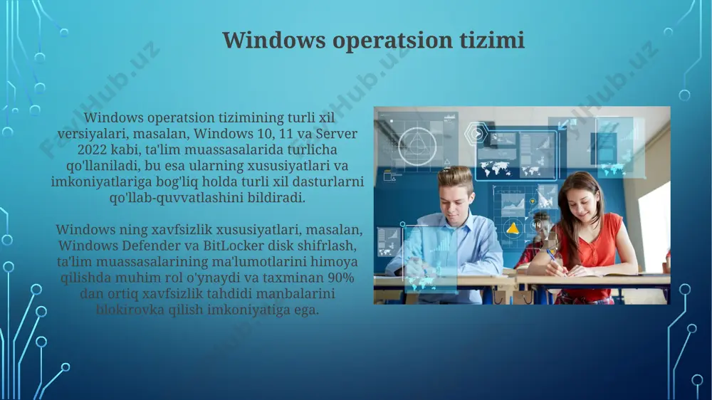 r ulushiga ega boʻlib, turli xil qurilmalar va dasturlar uchun keng imkoniyatlar yaratadi, shu jumladan ta'limga oid ko'plab ilovalar mavjud. interaktiv o'quv dasturlari interaktiv o'quv dasturlari lms (learning management system) platformalari bilan integratsiyalashib, o'quv jarayonini boshqarishni avtomatlashtiradi va kamida 30% vaqtni tejaydi. zamonaviy interaktiv dasturlar, masalan, simulyatsiya va virtual reallik texnologiyalari orqali, 5 dan ortiq turdagi hissiy idroklarni jalb qilib, o'rganish jarayonini boyitadi. zamonaviy ta'lim texnologiyalari zamonaviy ta'lim texnologiyalari, masalan, virtual va kengaytirilgan reallik (vr/ar) texnologiyalari, o'quv jarayonini 3d modellashtirish orqali 20% ga samaradorligini oshirishi mumkin. interfaol o'yinlashtirish elementlarini qo'llash orqali o'quv materiallarini o'zlashtirish darajasi 30% ga ko'tariladi, shuningdek, talabalarning motivatsiyasi ham ortadi. onlayn o'quv platformalari o'quv jarayonini avtomatlashtirish uchun ko'plab platformalar api integratsiyasini, masalan, lms bilan crm yoki hr tizimlarini birlashtirishni taklif qiladi. onlayn o'quv platformalarining 70% dan ortig'i bulutli texnologiyalarni qo'llab-quvvatlaydi, bu esa ma'lumotlarga istalgan joydan va istalgan qurilmadan kirish imkonini beradi. e'tiboringiz uchun rahmat @taqdimot_robot image3.jpg image4.jpg …
