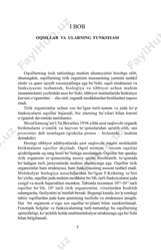 ralar va organoidlar oqsildan tashkil topgan. bu yerda fibrillar oqsillar (kollagen, keratin, elastin va boshqalar) muhim vazifani bajaradi. 2. katalitik funksiya – organizmdagi biokatalizatorlar – fermentlar oqsil tabiatiga ega va barcha biokimyoviy reaksiya sodir bo‘lishini boshqaradilar, ya’ni reaksiyalar tezligini ma’lum tartibda borishiga va boshqarilishiga imkon beradi. 3. energetik funksiya – oqsillar oshqozon ichak traktida parchalanib, oddiy aminokislotalar shaklida so‘riladi. aminokislotalarning ma’lum qismi oksidlanib energiya hosil qiladi. 4. transport vazifasi. oqsillar suvda, qonda yaxshi eriydigan xususiyatga ega va suvda, qonda erimaydigan moddalar bilan kompleks hosil qilib ularning eruvchanligini, tashilishini ta’minlaydi. masalan: qon plazmasi oqsili albumin yog‘ kislotalar, lipidlar, boshqa oqsillar temir, mis, vitamin, gormonlarni nishon a’zolarga tashiydi. 5. qisqaruv funksiyasi – mushak oqsillari tarkibiga kiruvchi aktin, miozin, troponinlar qisqaruv qobiliyatiga ega. bu oqsillar muskullar tarkibiga kirib mexanik ish bajarishda qatnashadi. qisqarish funksiyasi sitoskelet oqsillariga ham xosdir, ular hujayra hayot faoliyati jarayonlarini (mitoz jarayonida, xromosomalar ajralishida) ta’minlaydi. 7 1-jadval odamning a’zo va …