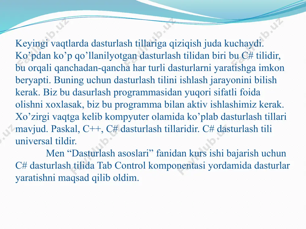 salari bilan tanishdim. ularning asosiy obyektlarini o’rgandim. biz yaratgan dasturlardan turli xil sohalarda foydalansak bo’ladi. shu bilan birga tuzgan dasturlarimning imkoniyatlarini yanada kengaytirishni, foydalanuvchiga yanada qulay bo’lishi uchun unga yangi g’oyalar qo’shishni o’z oldimga maqsad qilib qo’ydim. foydalanilgan adabiyotlar 1. aripov mirsaid mirsiddiqovich. “dasturlash asoslari”, toshkent-2015. sh.a. nazirov,r.v. kabulov,m.r. babajanov,q.s. raxmanov; o‘zbekiston respublikasi oliy va o ‘rta maxsus ta’limi markazi. - toshkent: «vorisnashriyot», 2013. - 488 bet. a.a.xaldjigitov, sh.f.madraximov, u.e.adamboev informatika va programmalash. o‘quv qo‘llanma, o‘zmu, 2005 yil, 145 bet. a.a. абдукодиров, у.м.мирзаев c# тилида программалаш асослари. укув кулланма, тошкент, «университет», 1994.-52 бет. павловская т.а. c# . программирование на языке высокого уровня - спб.: питер. 2005.- 461 с. http://dastur.uz-kompyuter dasrurlari va kompyuterda dasturlashga oid forum, xabar va yangiliklar. internet saytlari 1. ziyonet.uz – ta’lim portali 2. www.com – foydalanuvchilar o’rtasida c# dasturlash muhiti to’g’risida ma’lumotlar almashish sayti. 3. www.metanit.com- c# dasturlash tilida tab control komponentasi yordamida dasturlash yaratish. 4. c-sharpcorner.com …